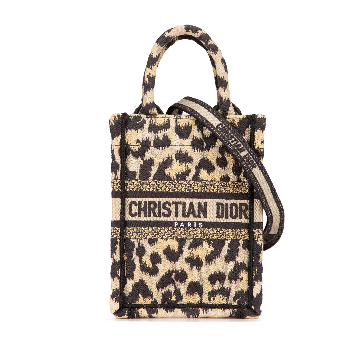 Dior Mizza Mini Embroidered Canvas Leopard Vertical Book Tote — Brown