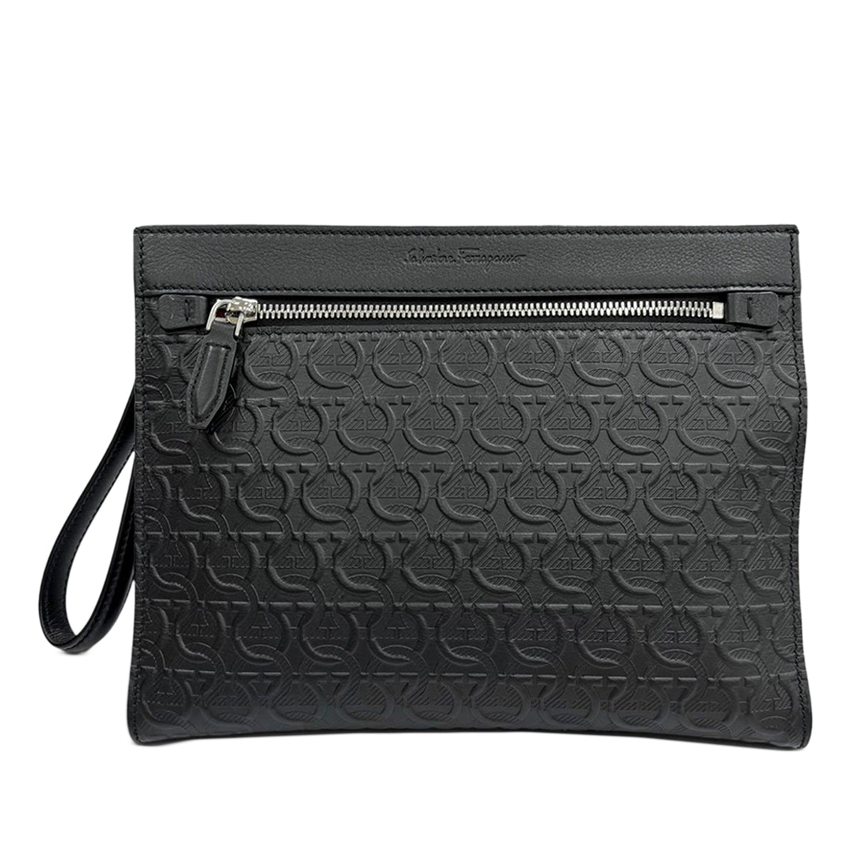 Ferragamo Embossed Calfskin Gancini Wristlet Pouch — Black