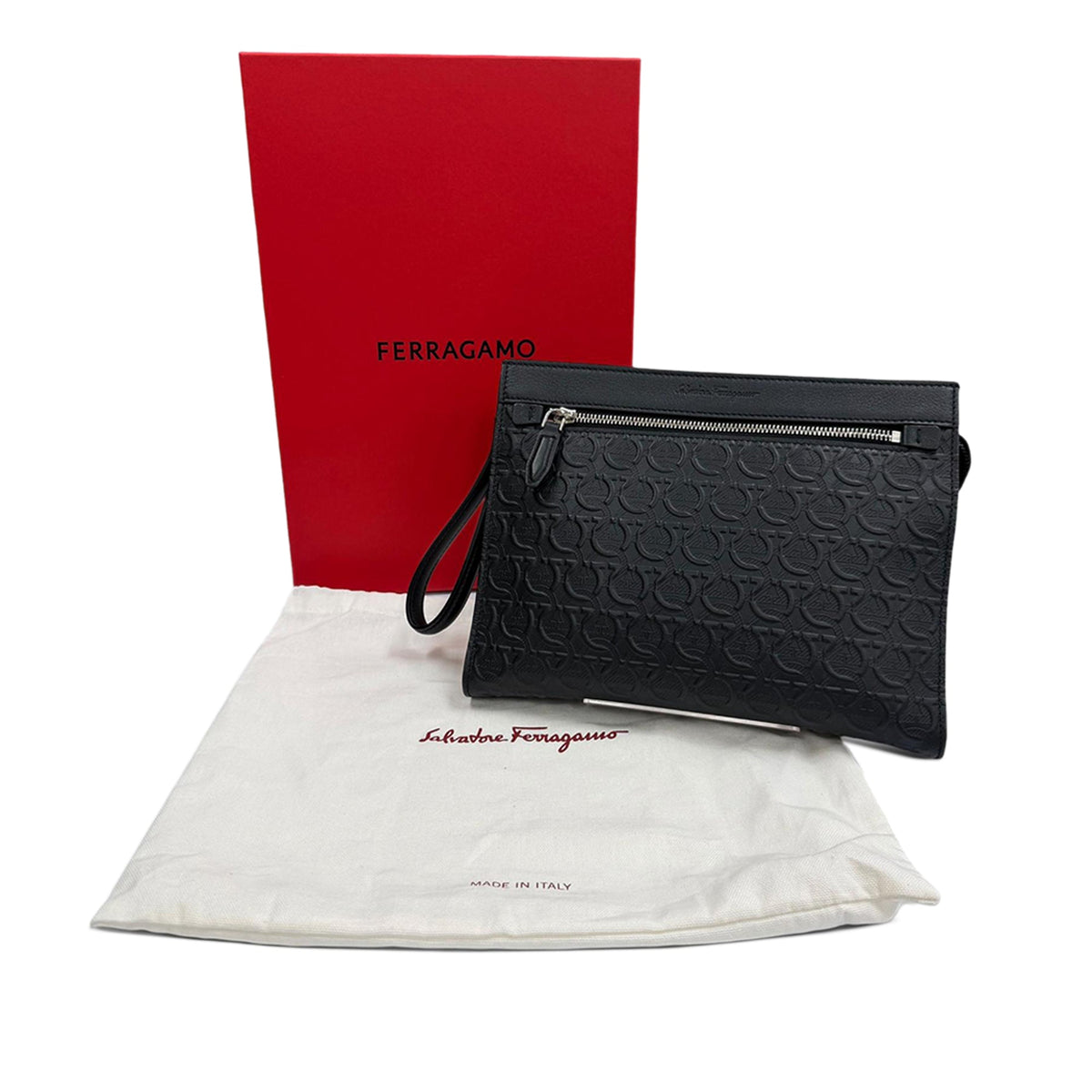 Ferragamo Embossed Calfskin Gancini Wristlet Pouch — Black