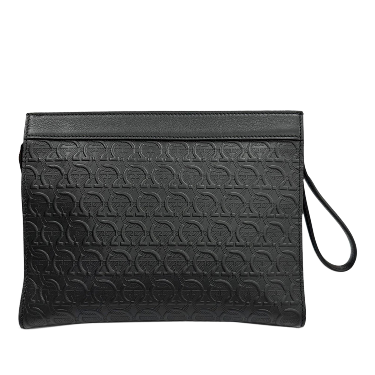 Ferragamo Embossed Calfskin Gancini Wristlet Pouch — Black