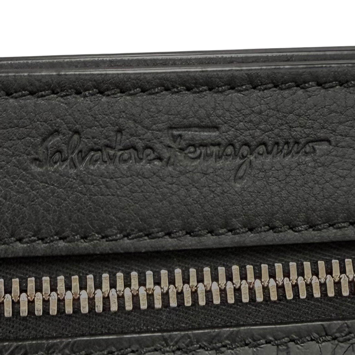 Ferragamo Embossed Calfskin Gancini Wristlet Pouch — Black