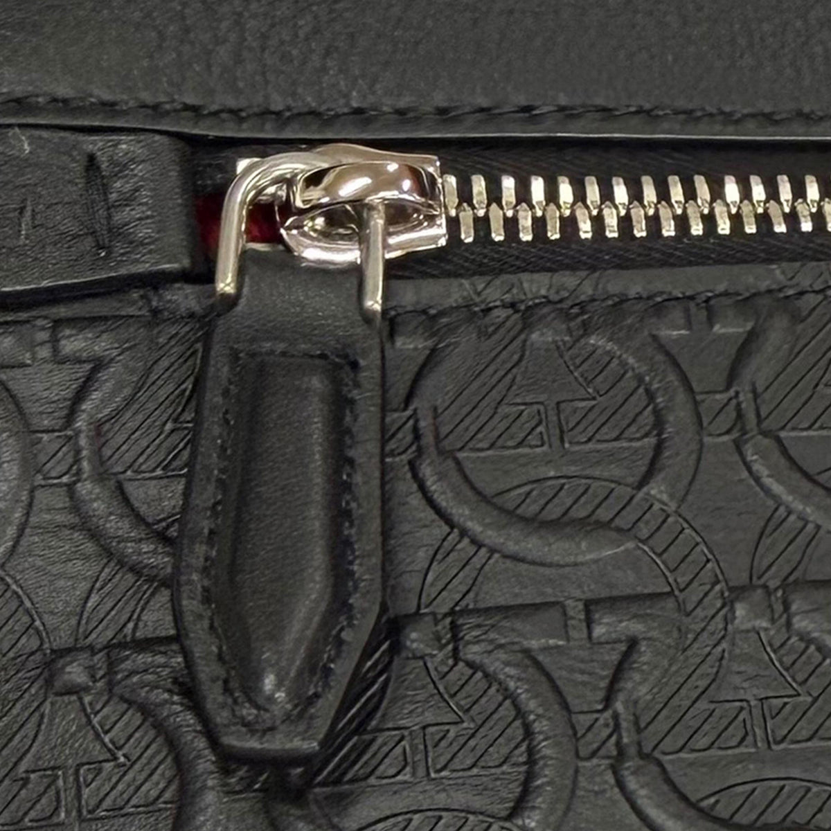 Ferragamo Embossed Calfskin Gancini Wristlet Pouch — Black