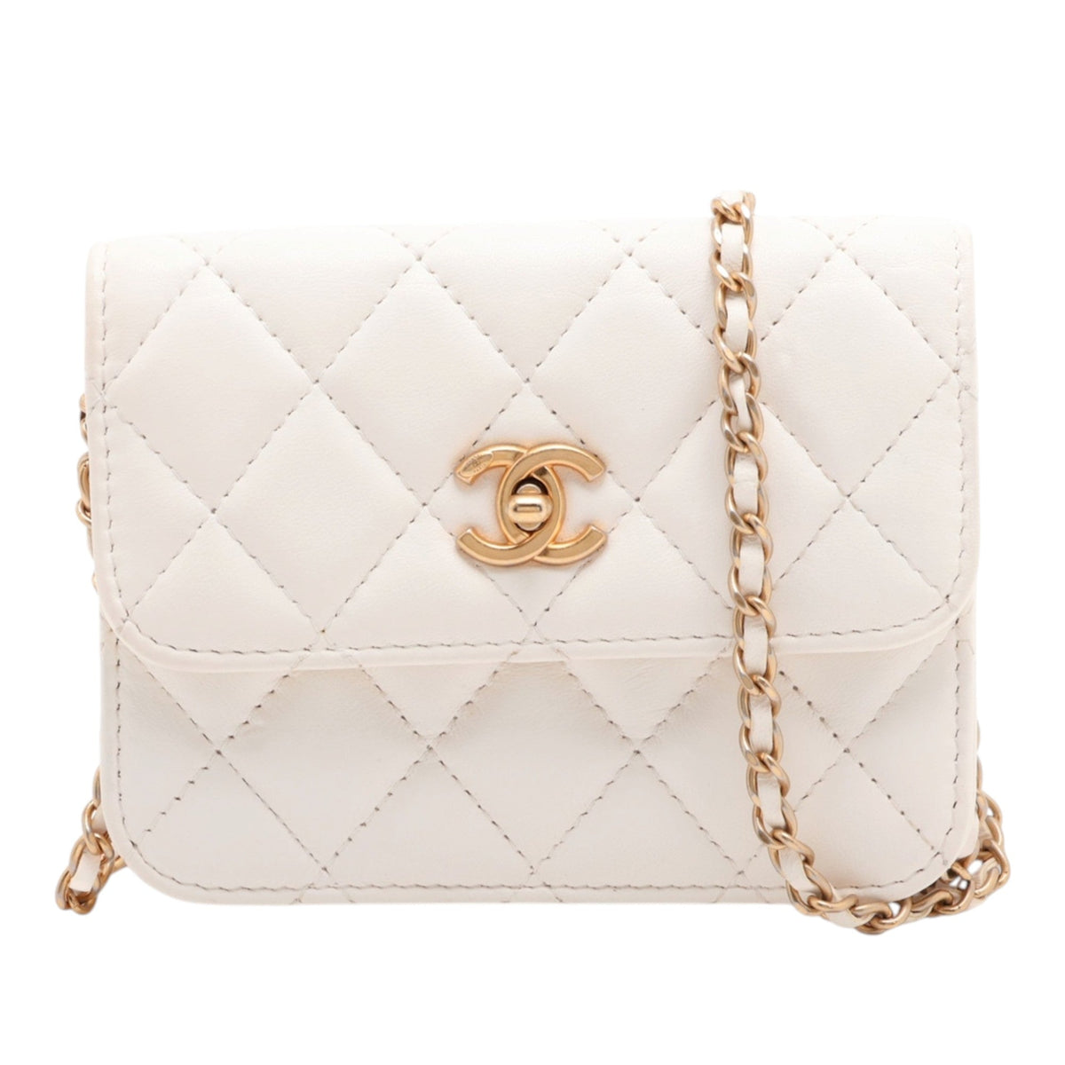 Chanel CC Quilted Lambskin Pearl Crush Clutch With Chain — White