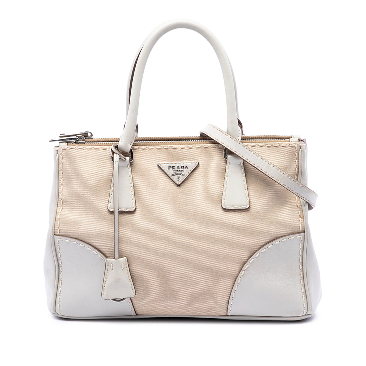 Prada Small Canvas and City Calf Stitch Galleria Double Zip Satchel