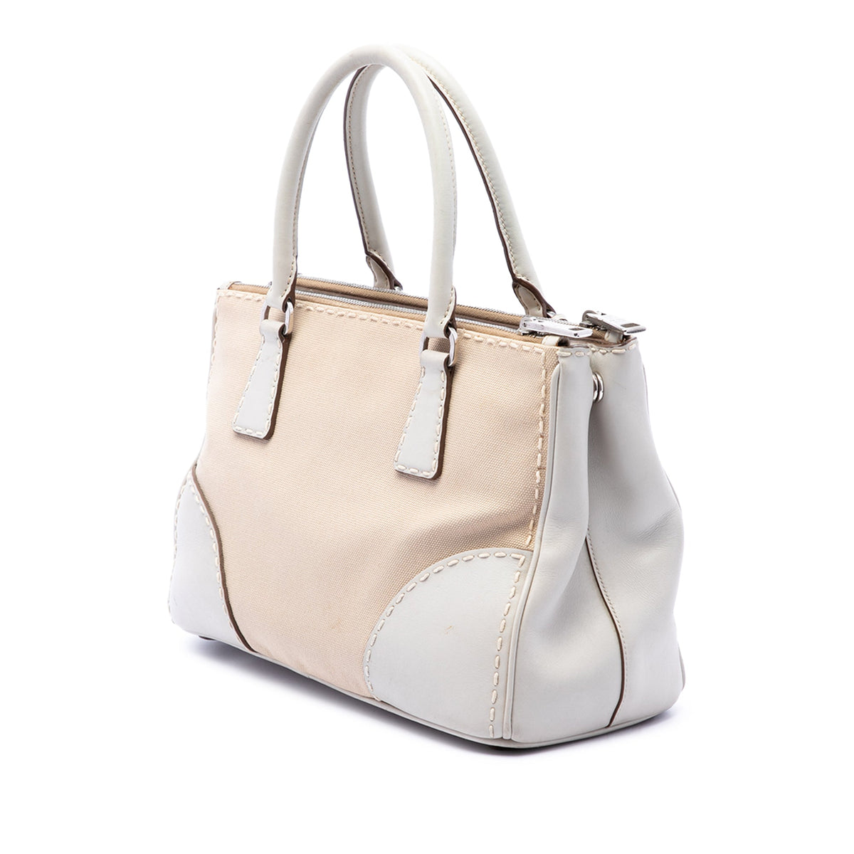 Prada Small Canvas and City Calf Stitch Galleria Double Zip Satchel