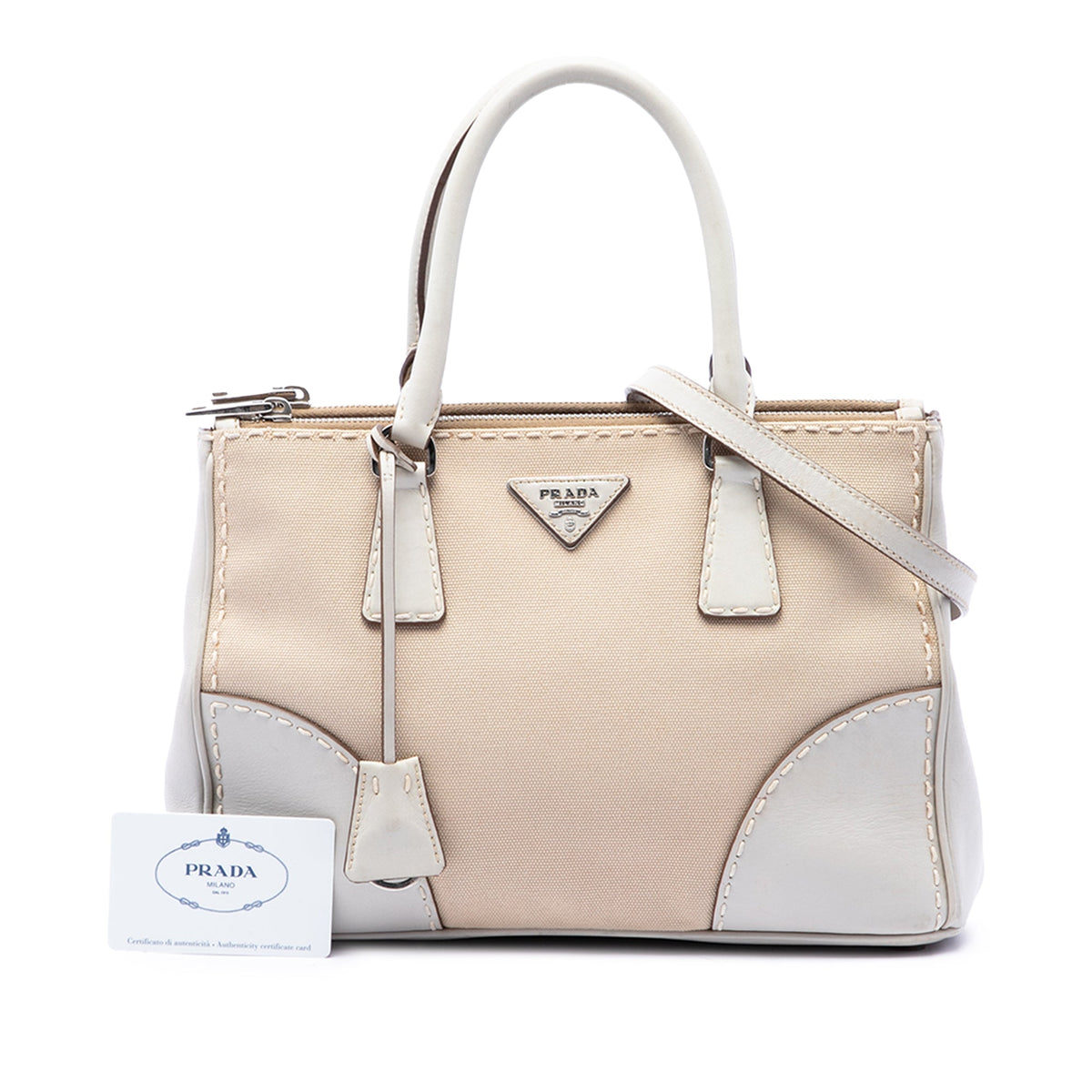 Prada Small Canvas and City Calf Stitch Galleria Double Zip Satchel