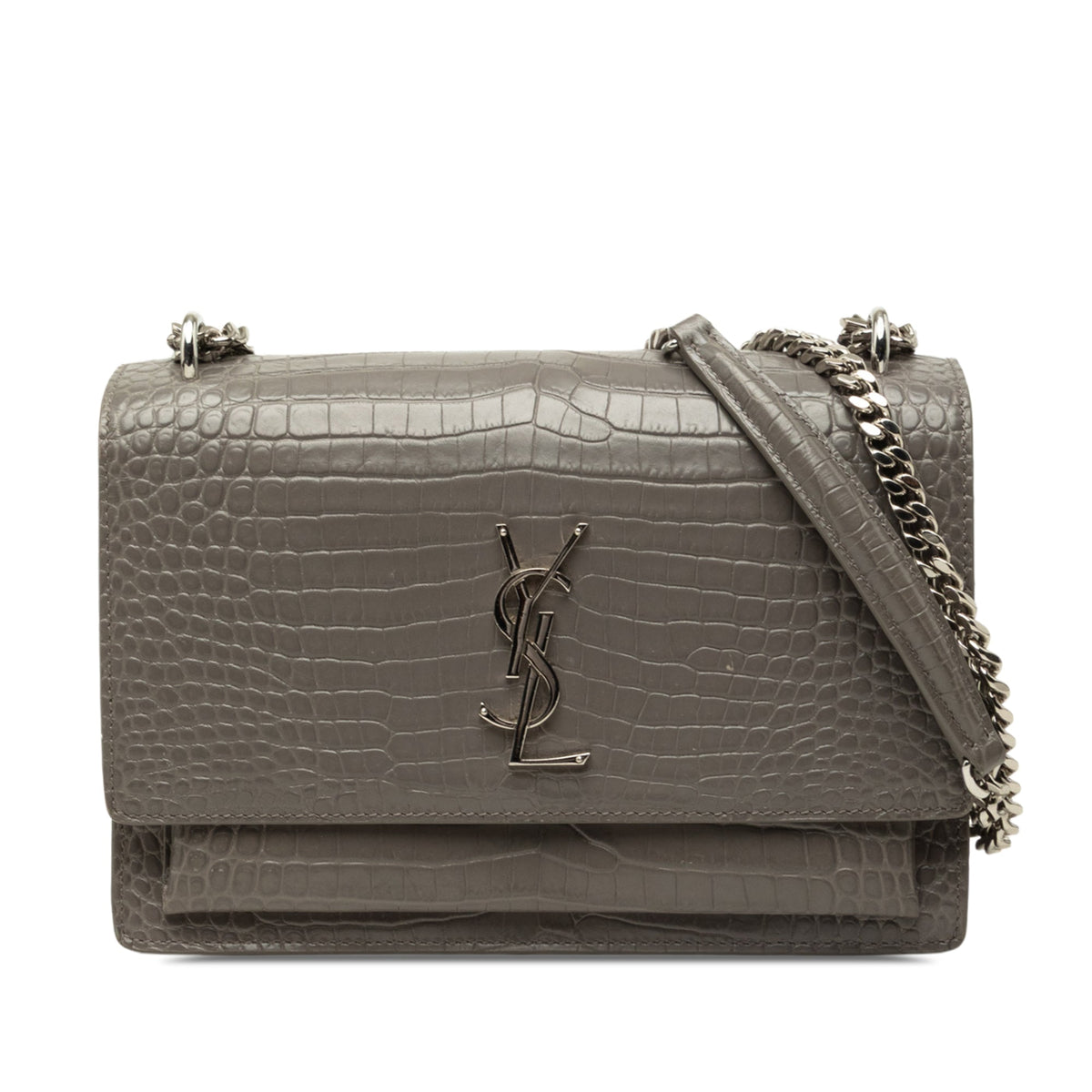 Saint Laurent Medium Croc Embossed Leather Monogram Sunset Crossbody — Gray