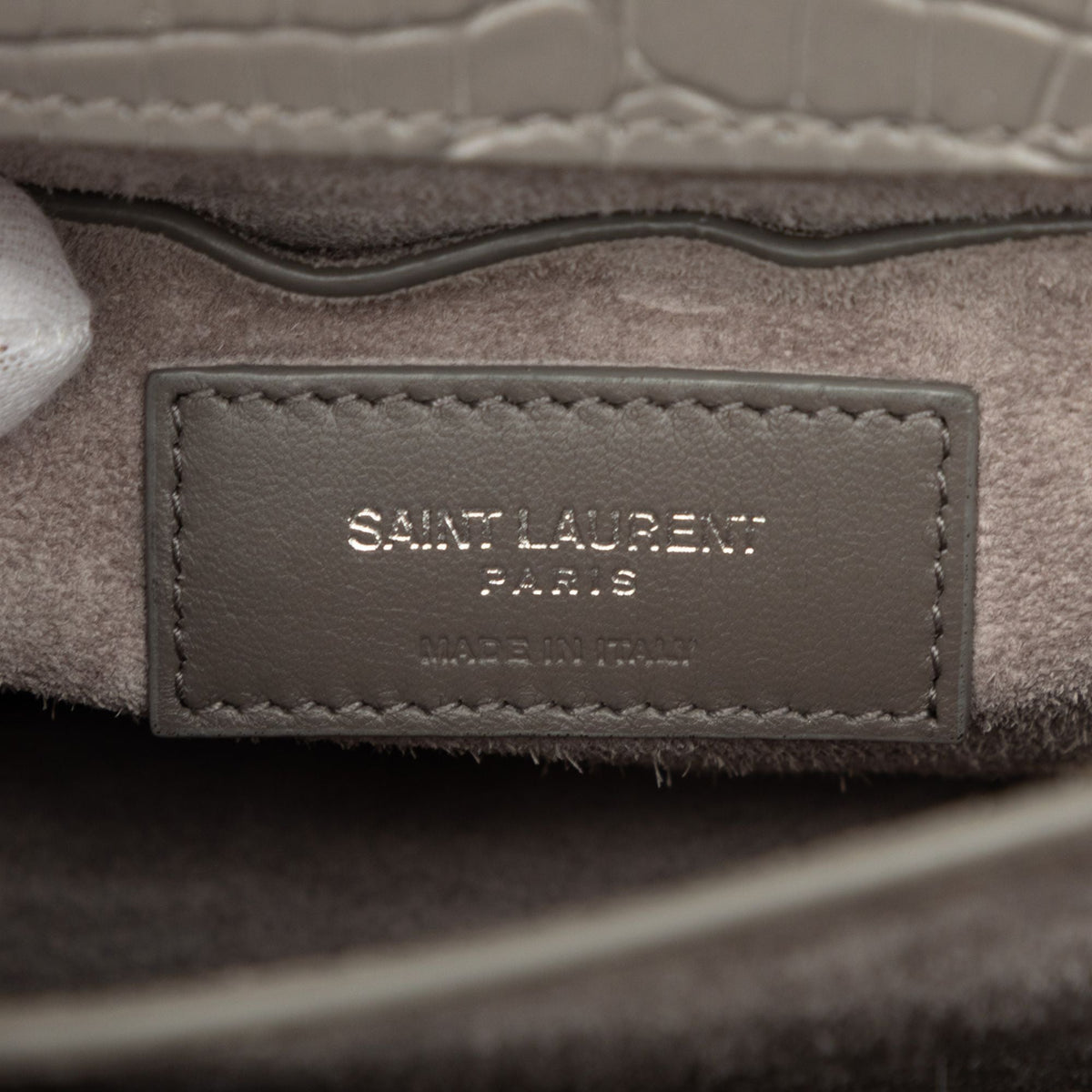 Saint Laurent Medium Croc Embossed Leather Monogram Sunset Crossbody — Gray
