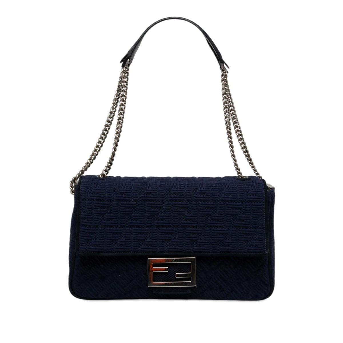 Fendi Large Zucca Embossed Technical Fabric Chain Midi Baguette — Blue
