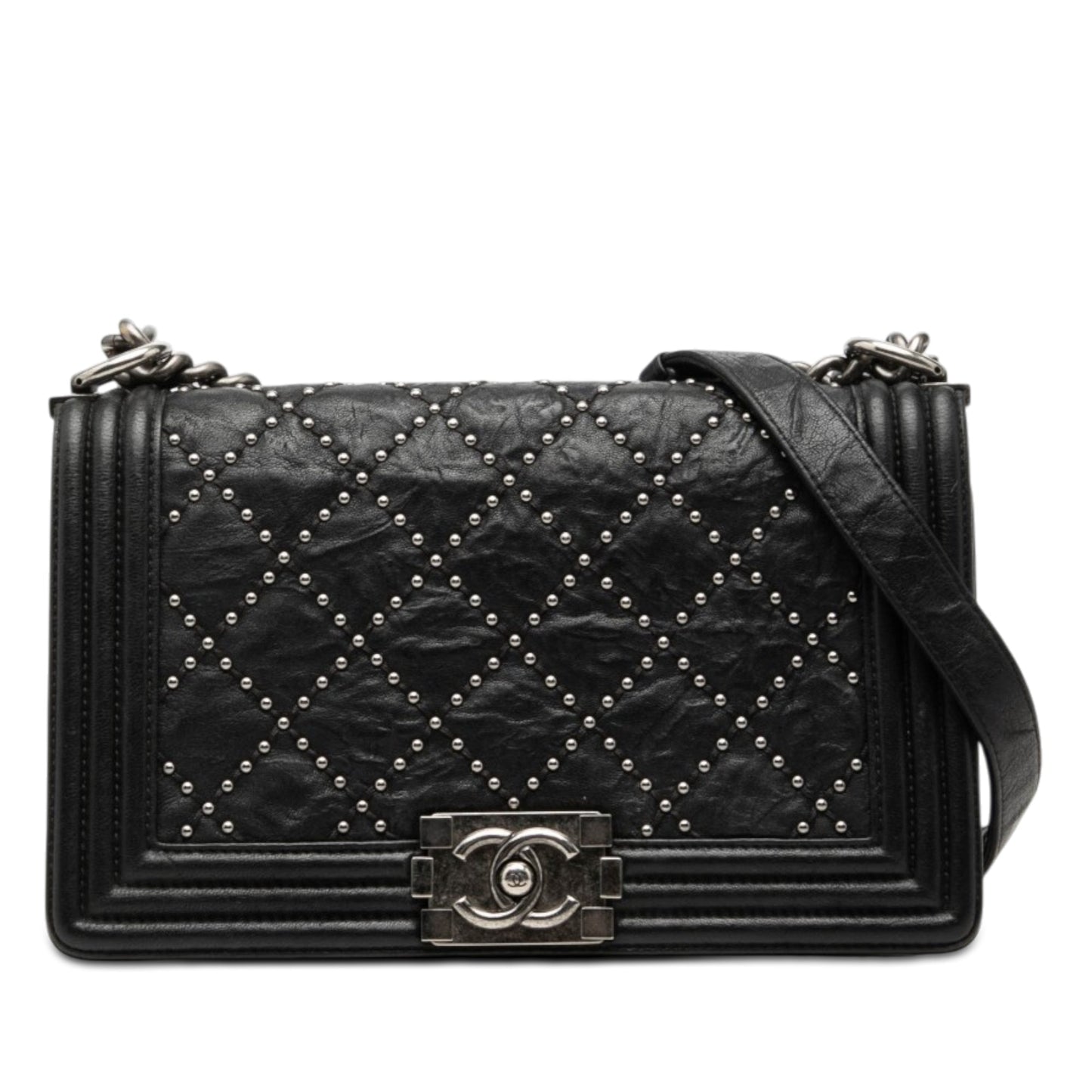 Chanel Old Medium Quilted Crumpled Calfskin Studded Boy Flap