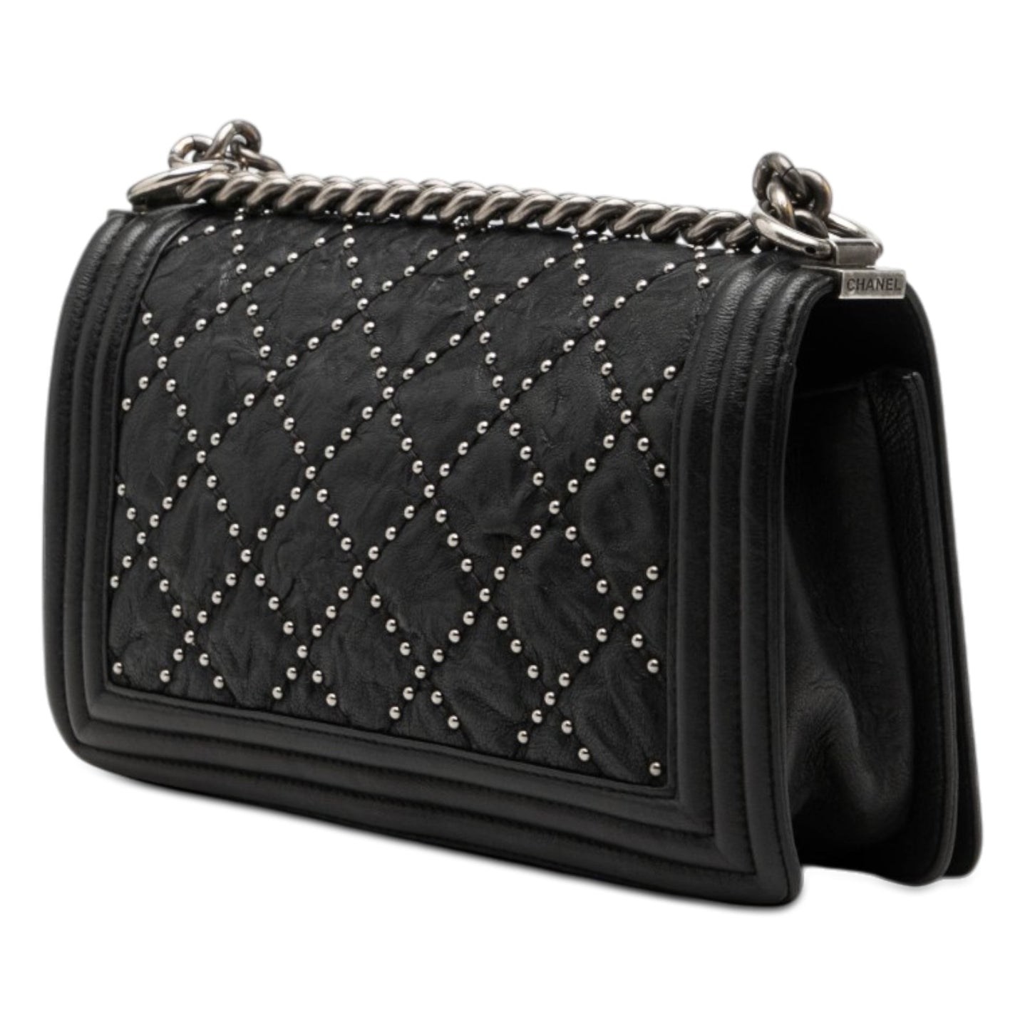 Chanel Old Medium Quilted Crumpled Calfskin Studded Boy Flap