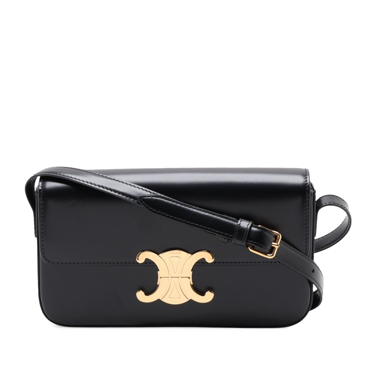 Celine Shiny Calfskin Triomphe Claude Shoulder Bag — Black