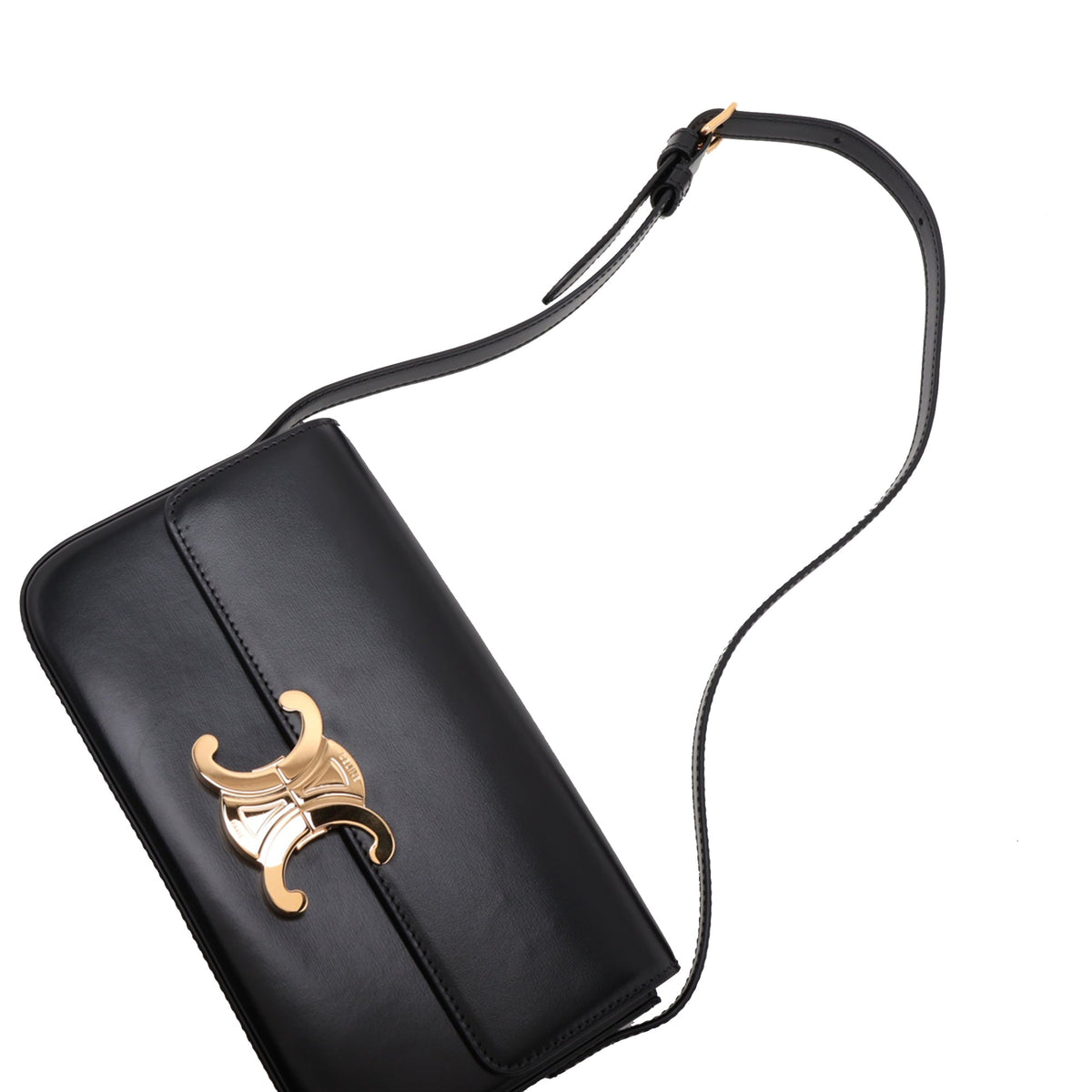 Celine Shiny Calfskin Triomphe Claude Shoulder Bag — Black
