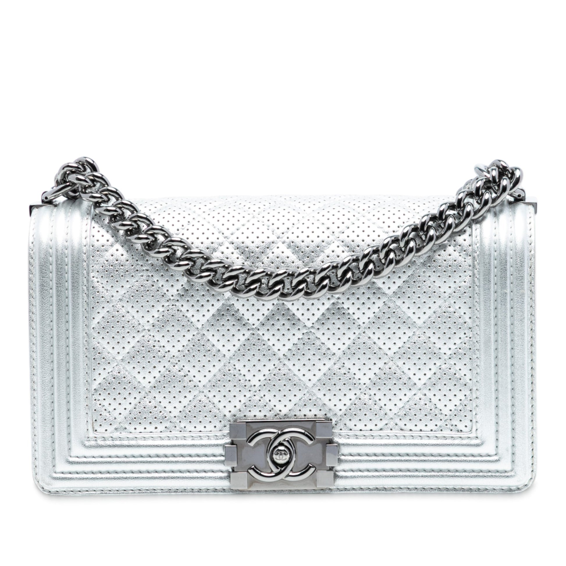 Chanel Old Medium Quilted Perforated Metallic Lambskin Boy Flap
