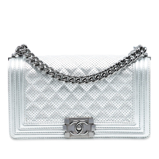 Chanel Old Medium Quilted Perforated Metallic Lambskin Boy Flap