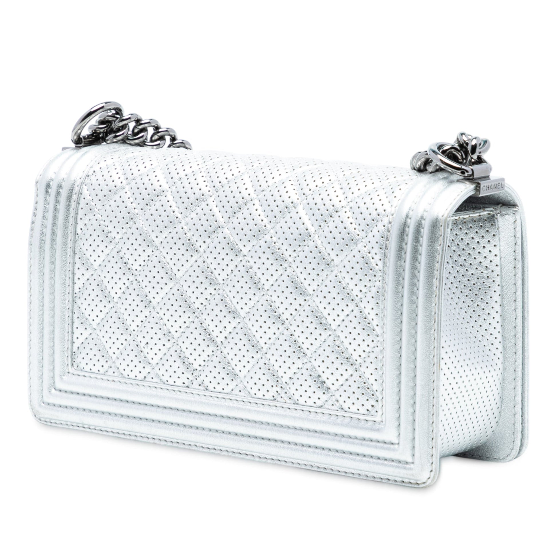 Chanel Old Medium Quilted Perforated Metallic Lambskin Boy Flap