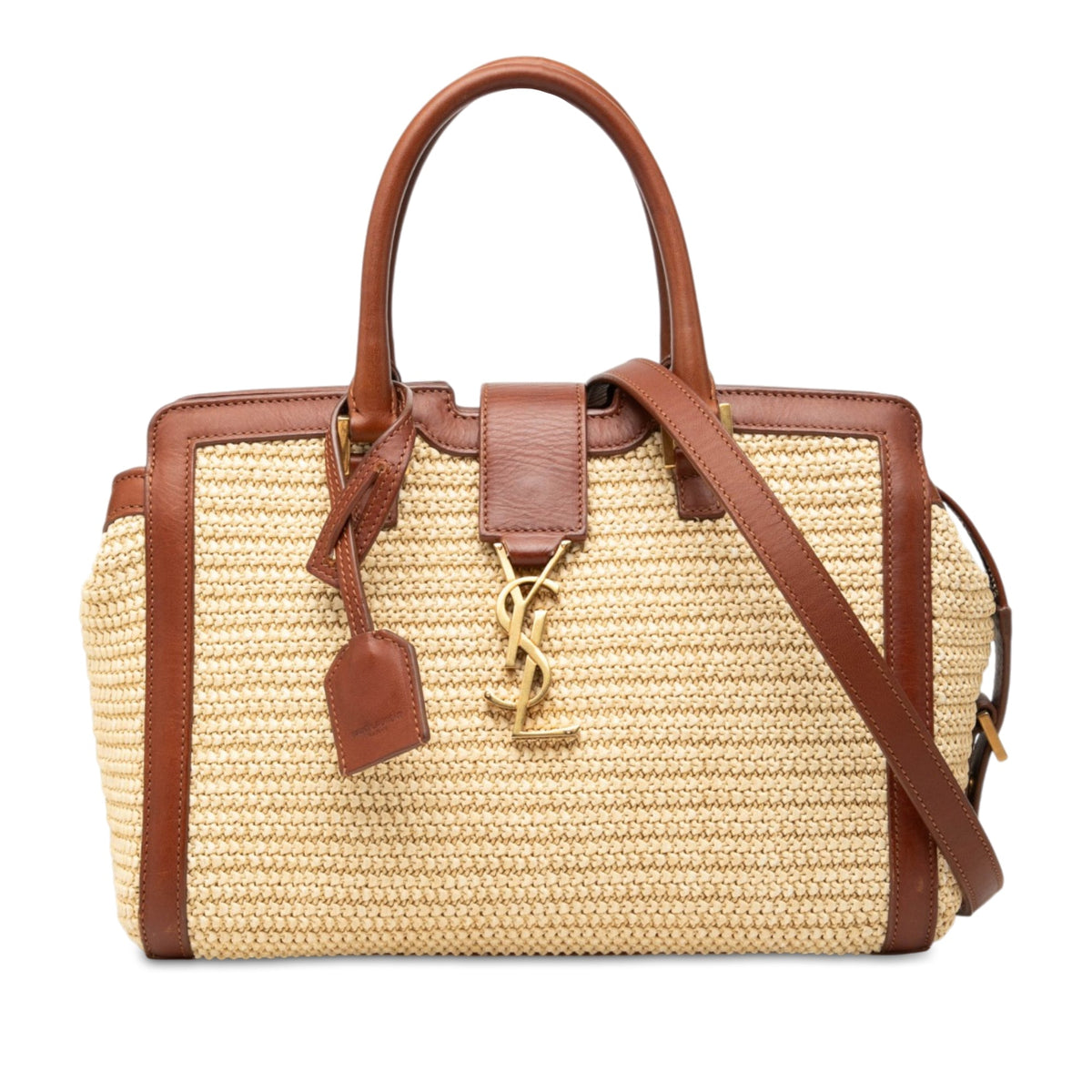 Saint Laurent Baby Raffia Monogram Downtown Cabas Satchel — Beige