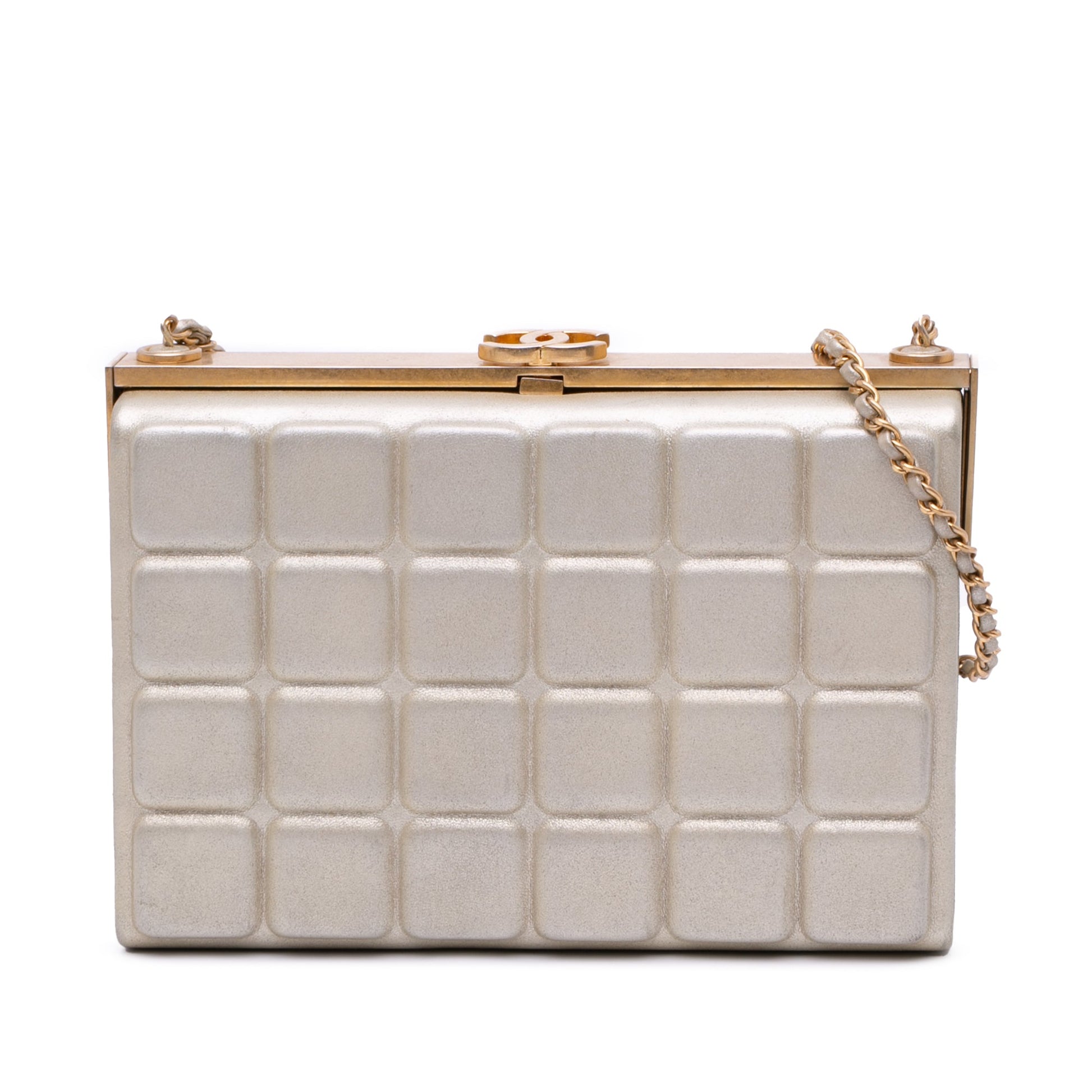 Chanel Chocolate Bar Metallic Lambskin Frame Clutch with Chain