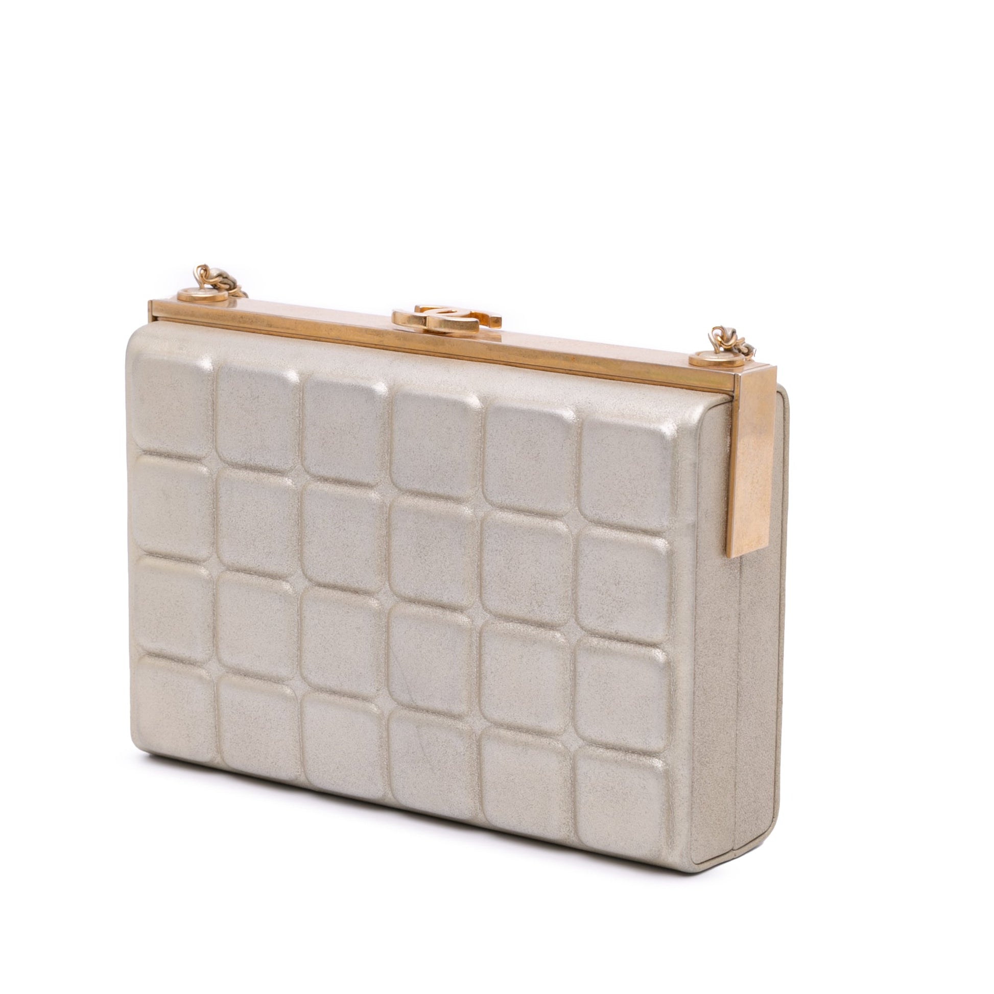 Chanel Chocolate Bar Metallic Lambskin Frame Clutch with Chain