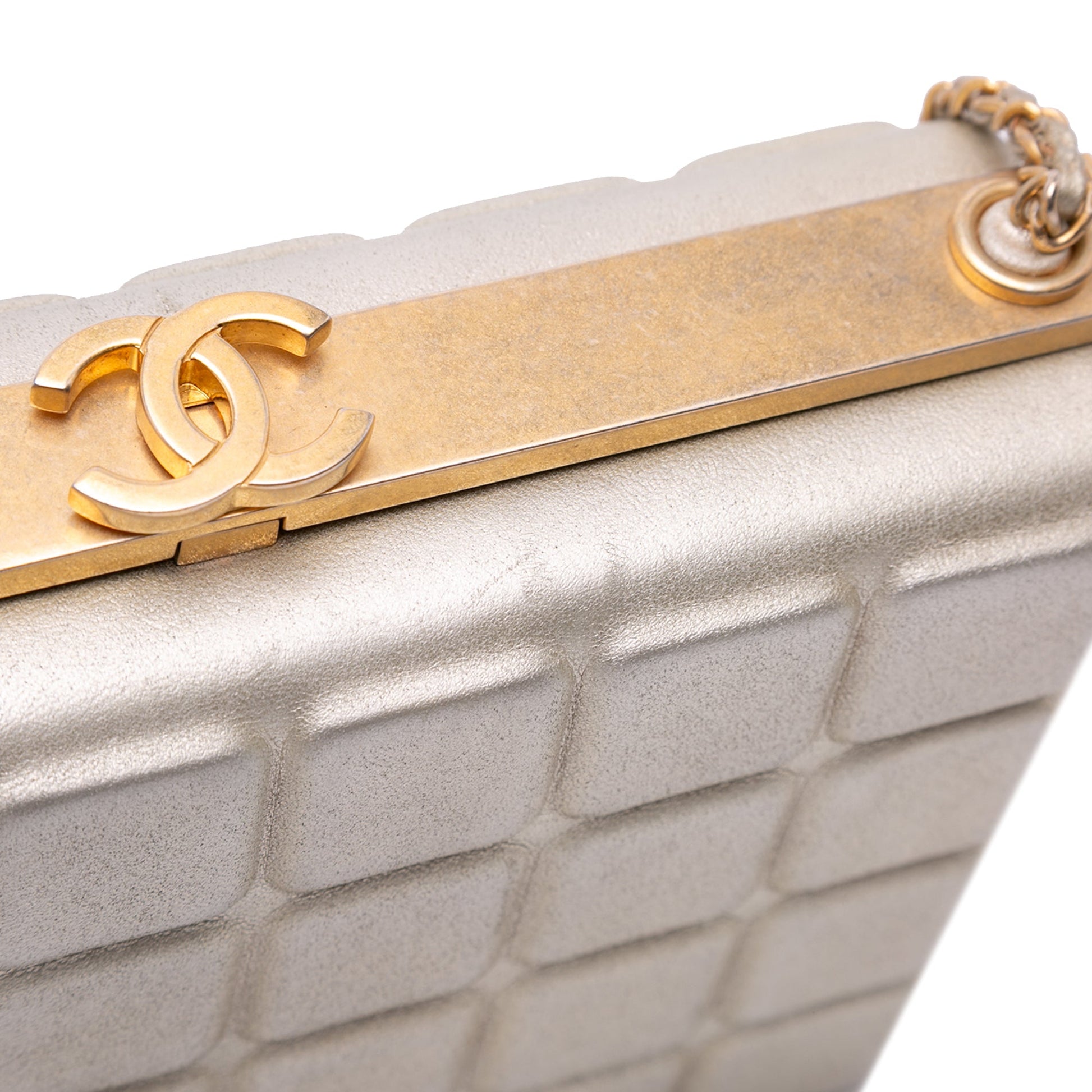 Chanel Chocolate Bar Metallic Lambskin Frame Clutch with Chain