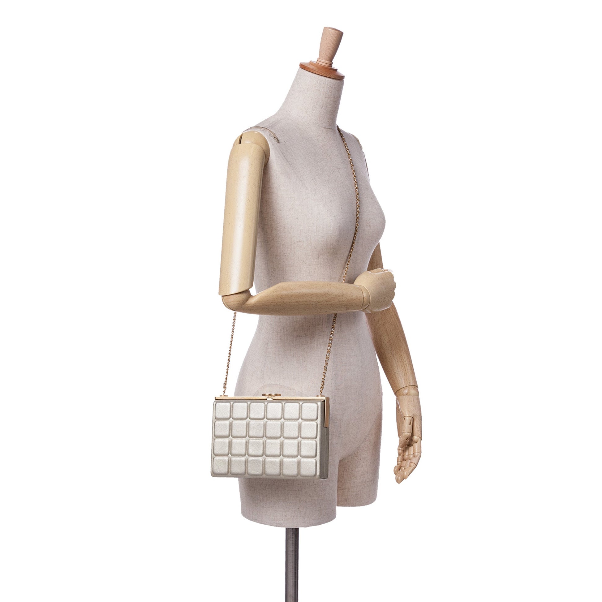 Chanel Chocolate Bar Metallic Lambskin Frame Clutch with Chain