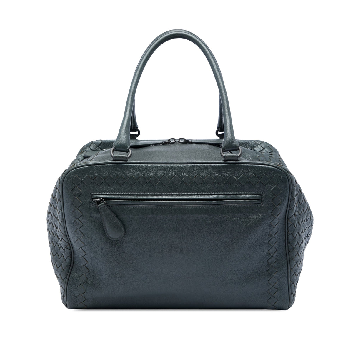 Bottega Veneta Intrecciato Trimmed Goatskin Madras Brera Handbag — Gray
