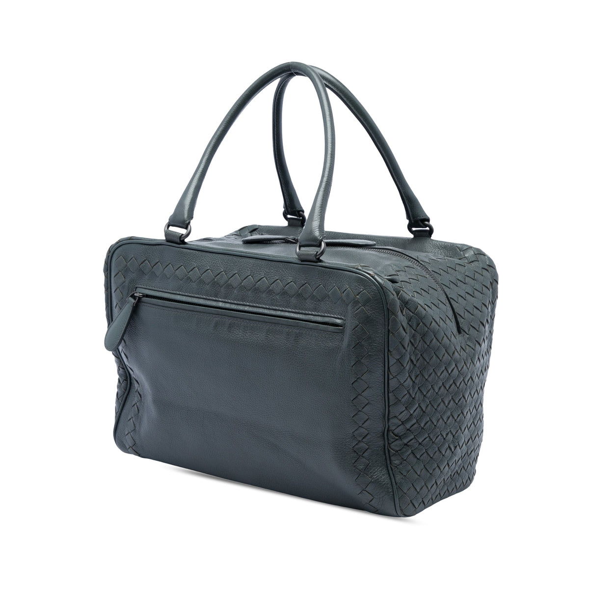 Bottega Veneta Intrecciato Trimmed Goatskin Madras Brera Handbag — Gray