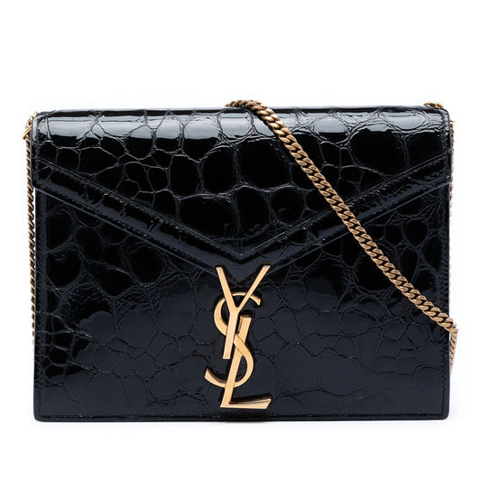 Saint Laurent Shiny Croc Embossed Calfskin Monogram Cassandra Chain Wallet