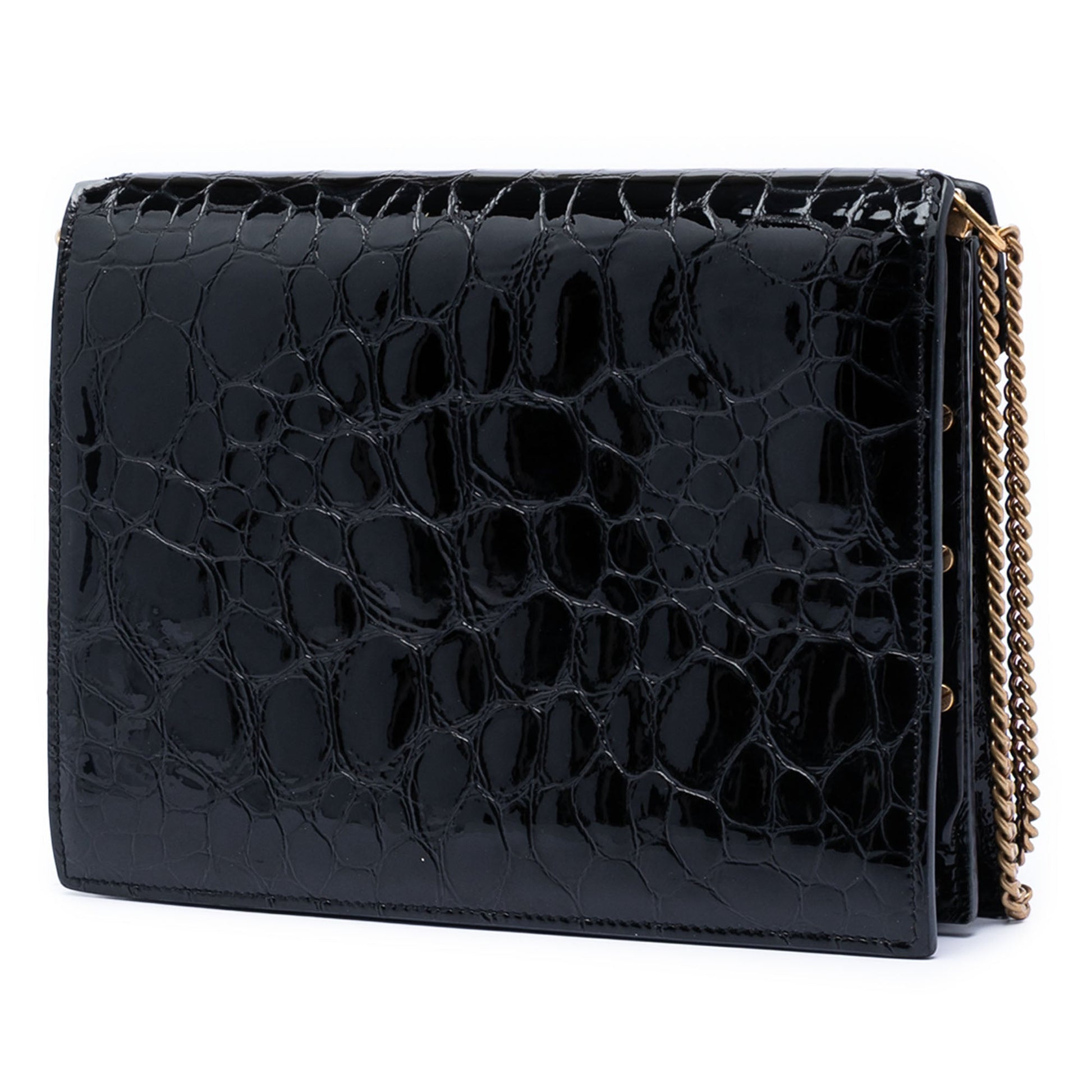 Saint Laurent Shiny Croc Embossed Calfskin Monogram Cassandra Chain Wallet