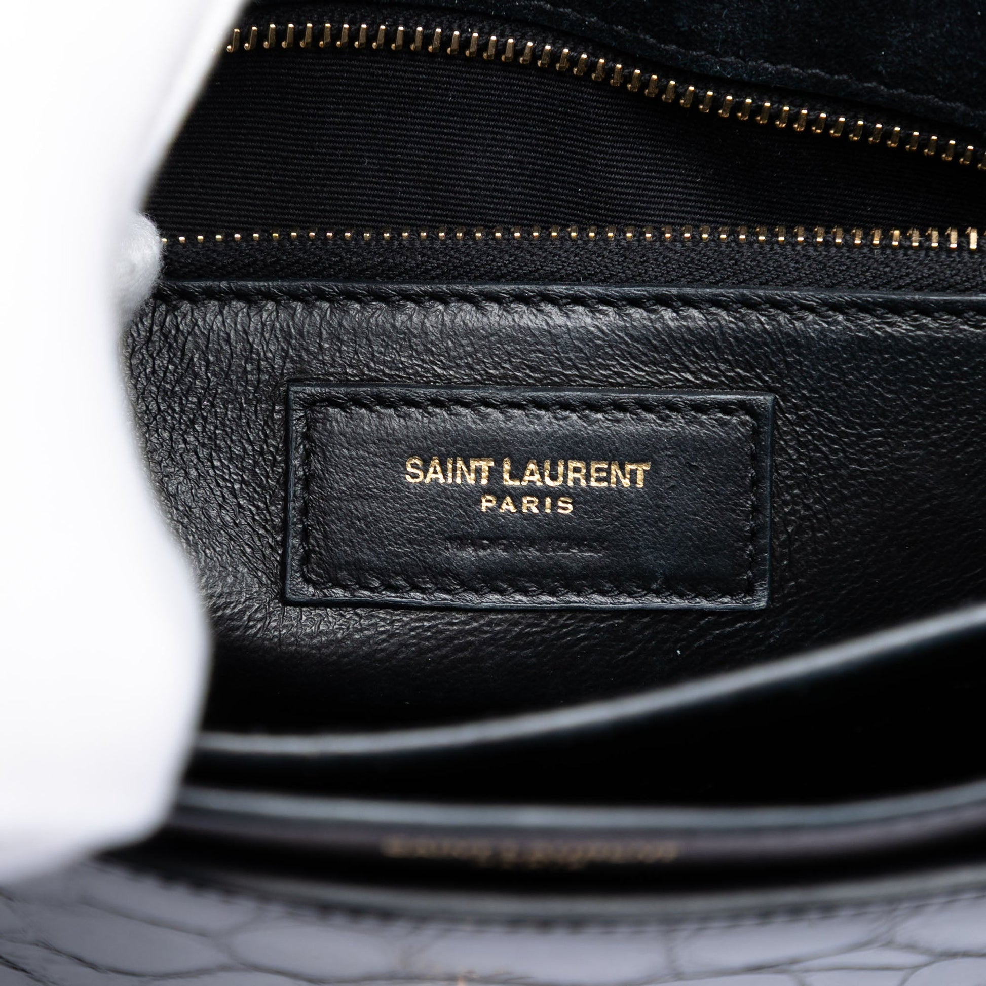 Saint Laurent Shiny Croc Embossed Calfskin Monogram Cassandra Chain Wallet