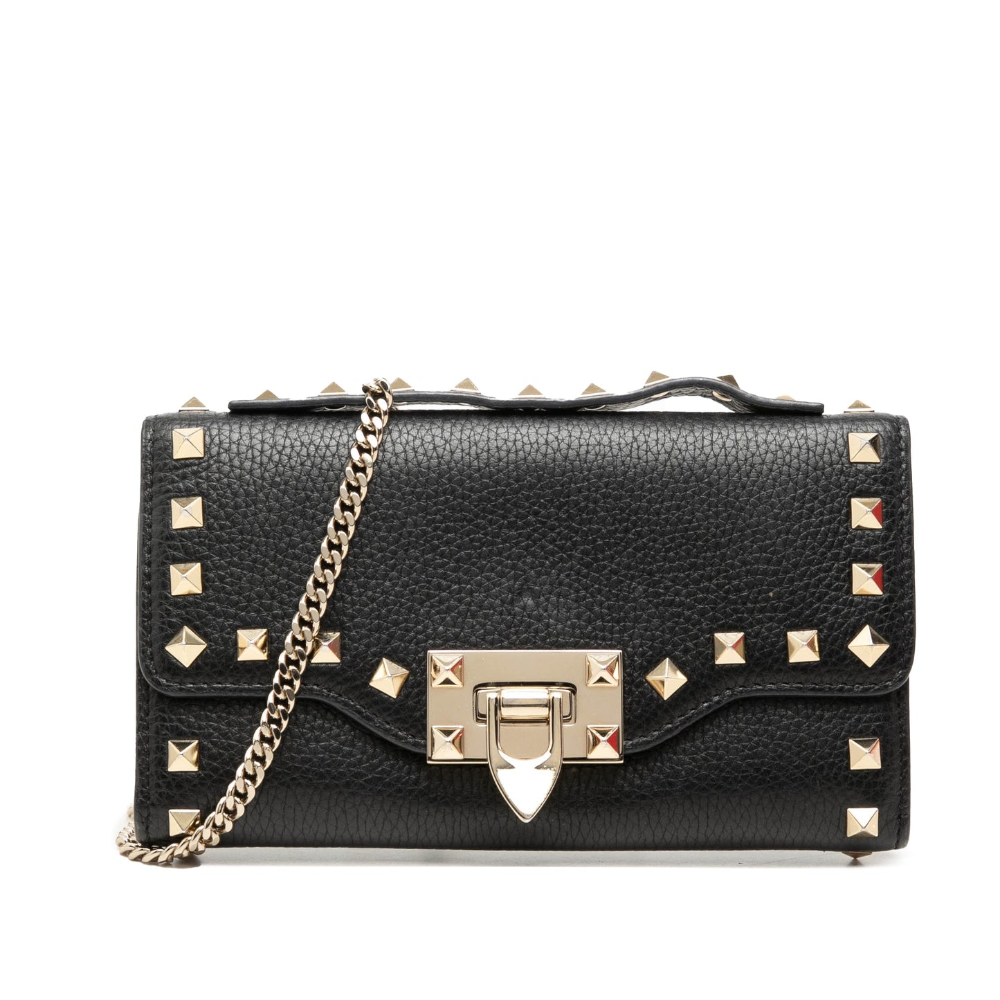 Valentino Pebbled Calfskin Rockstud Flip Lock Wallet On Chain
