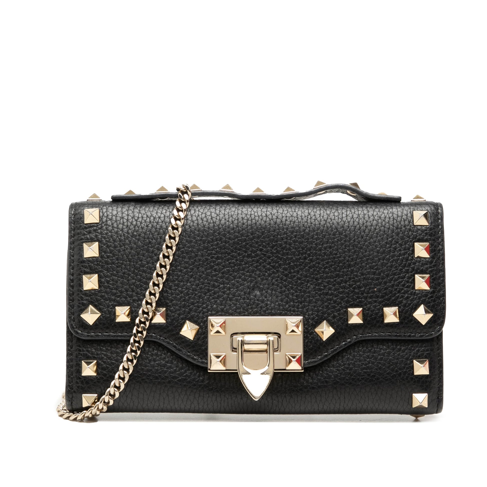 Valentino Pebbled Calfskin Rockstud Flip Lock Wallet On Chain