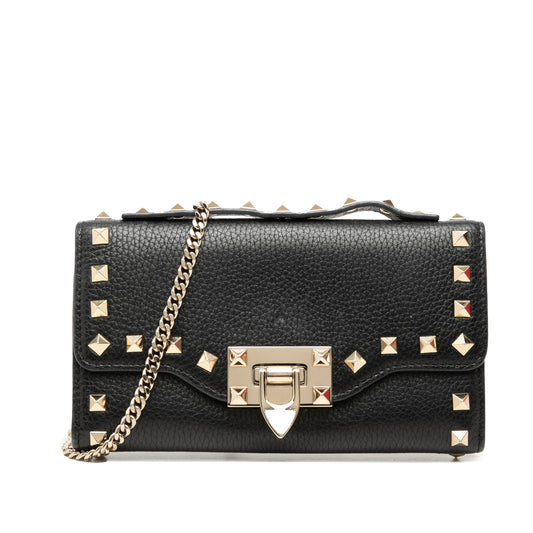 Valentino Pebbled Calfskin Rockstud Flip Lock Wallet On Chain