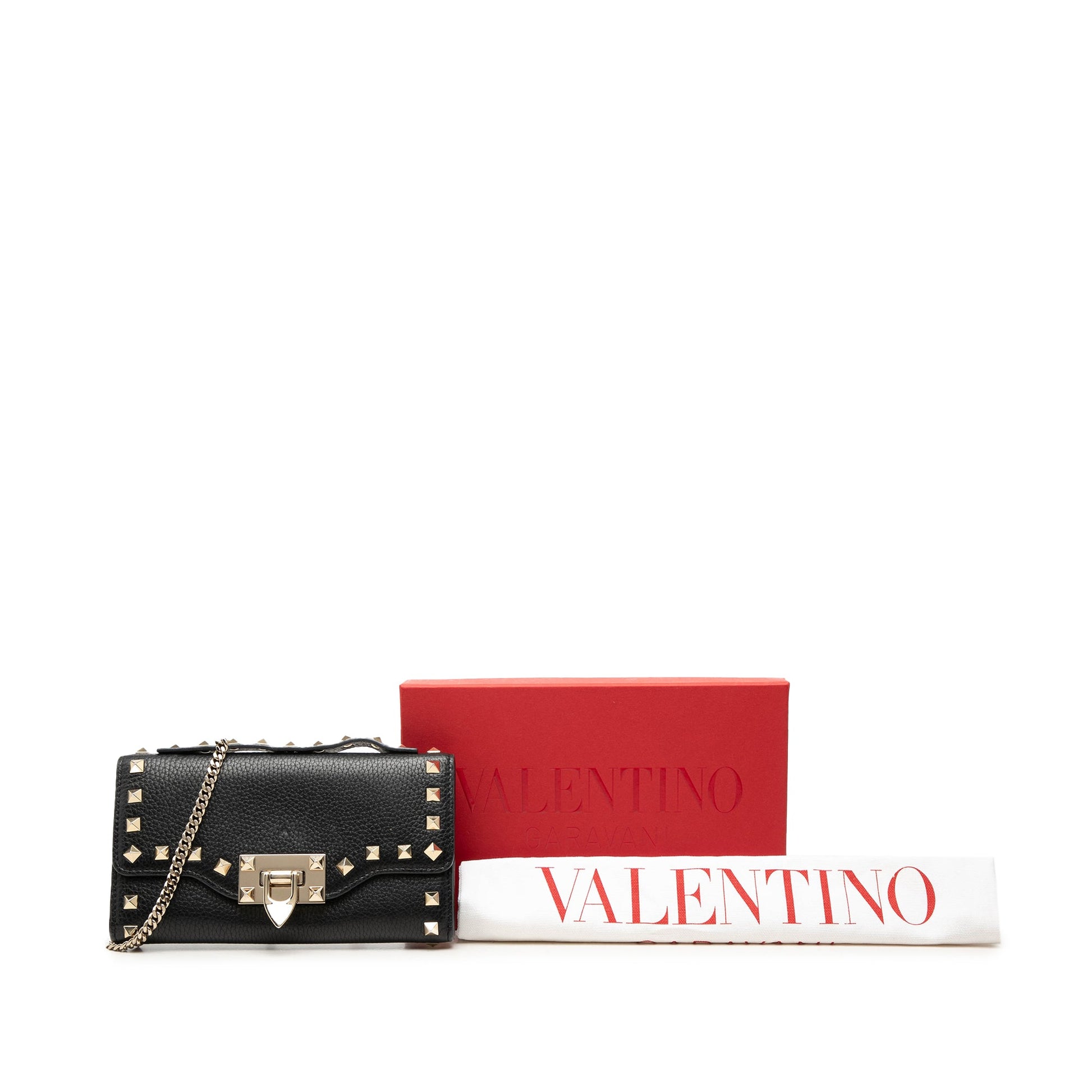 Valentino Pebbled Calfskin Rockstud Flip Lock Wallet On Chain