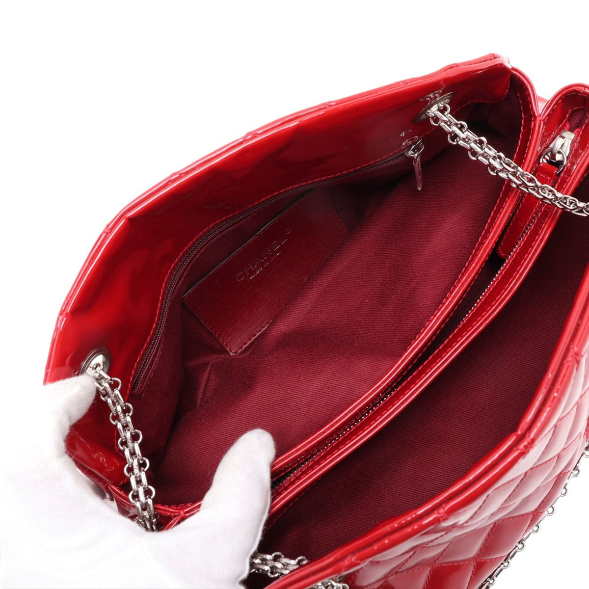 Chanel Small Quilted Patent Just Mademoiselle Bowling Bag — Red