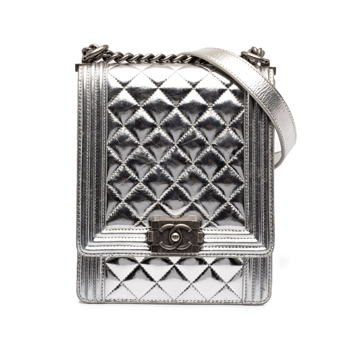 Chanel Quilted Metallic Goatskin North South Boy Flap