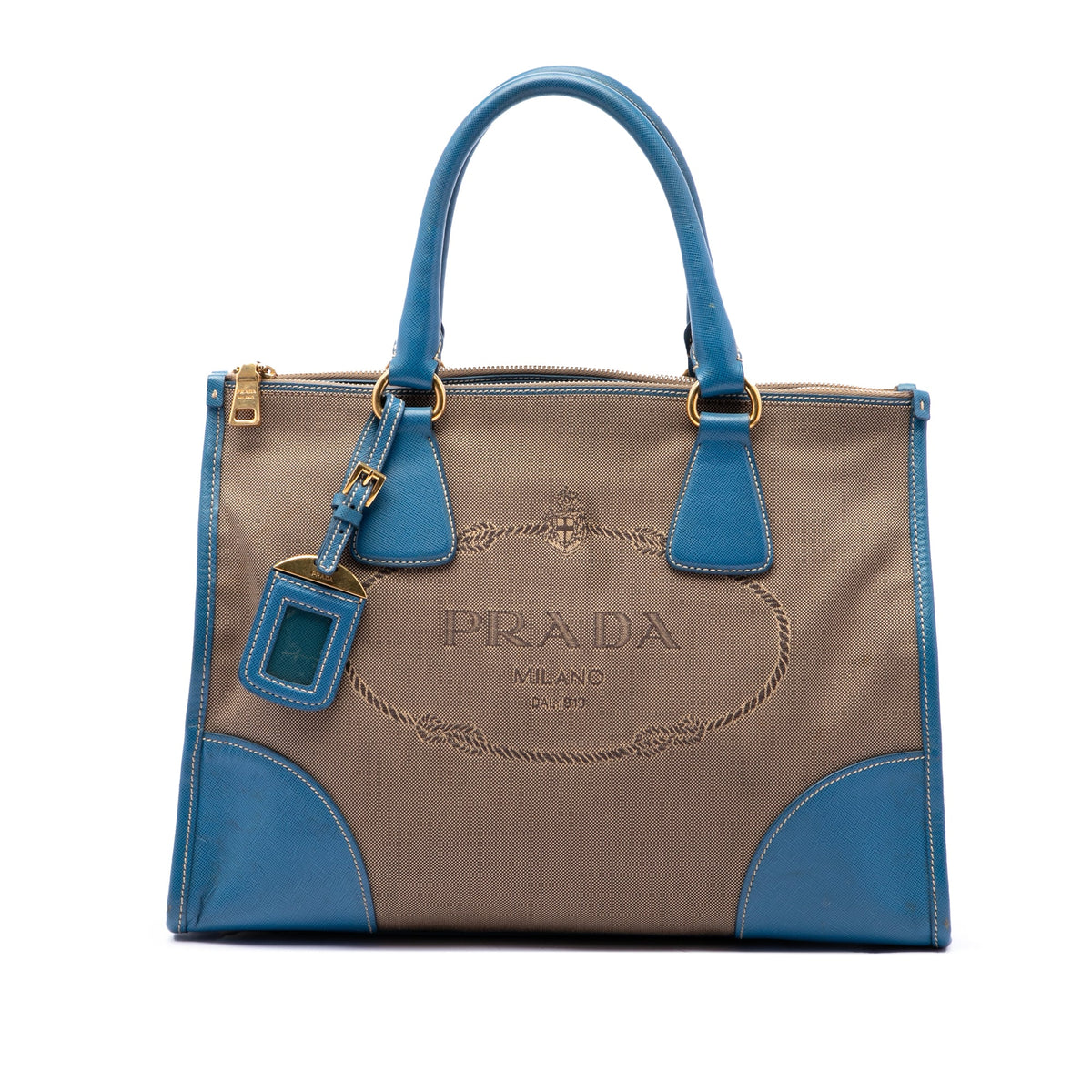 Prada Saffiano Trimmed Canvas Canapa Logo Double Zip Satchel