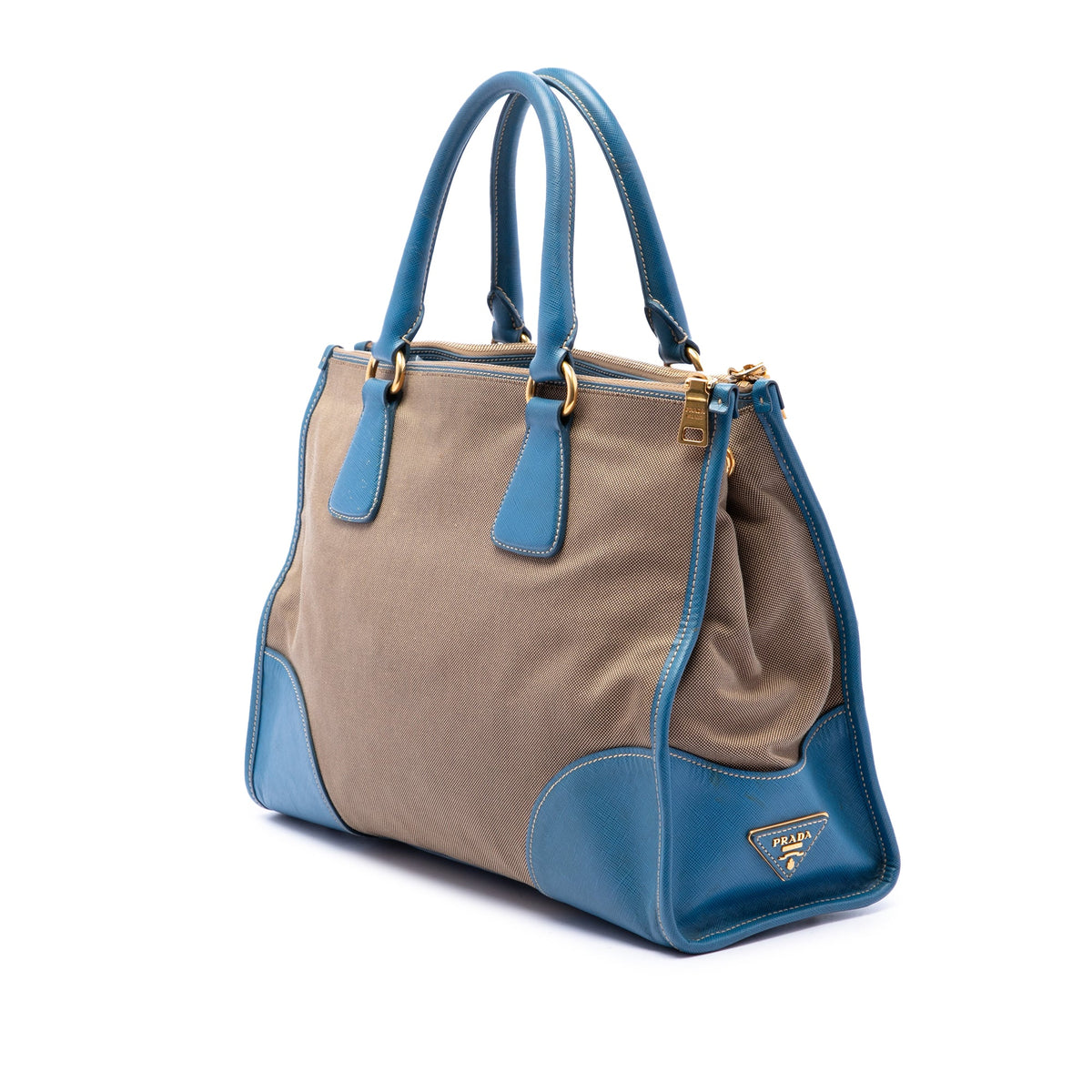 Prada Saffiano Trimmed Canvas Canapa Logo Double Zip Satchel