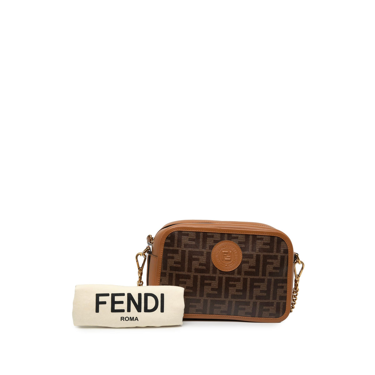 Fendi Glazed Fabric Vitello Century FF 1974 Camera Bag — Brown