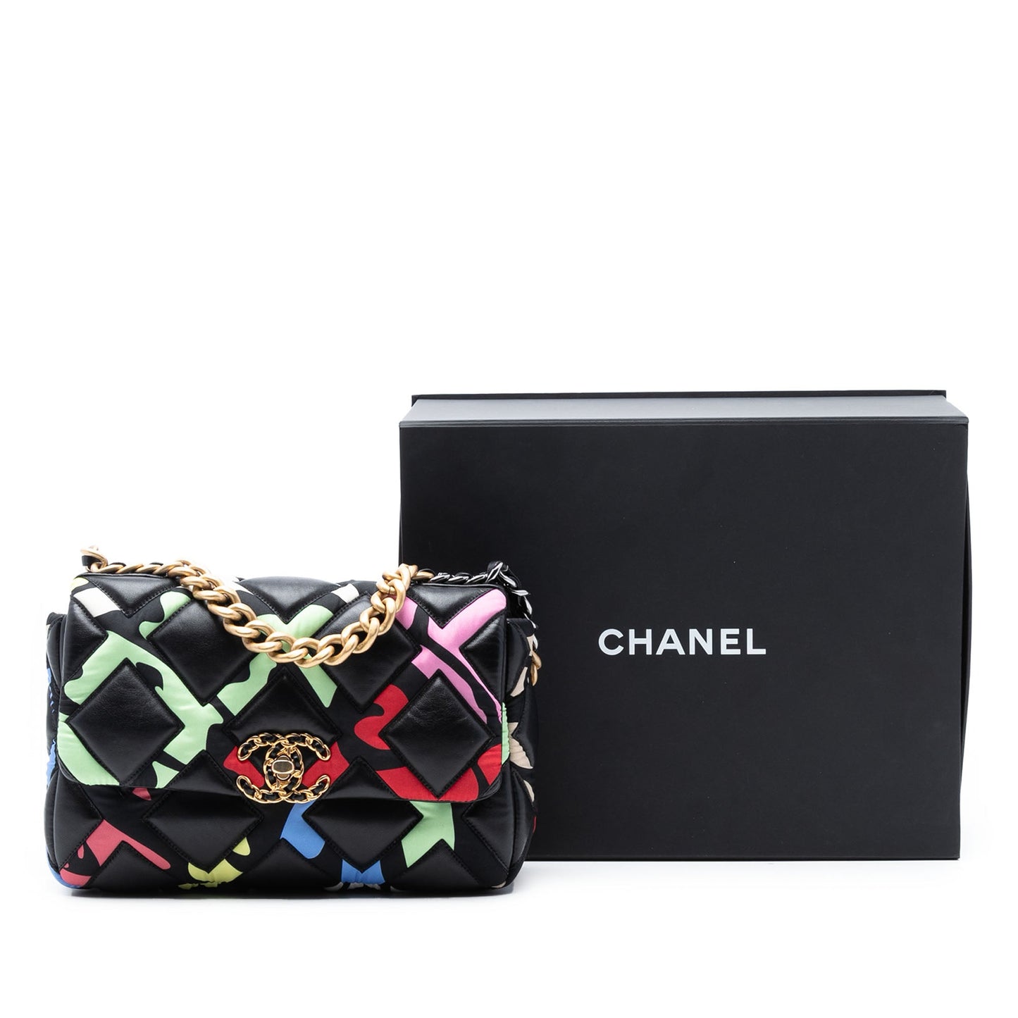 Chanel Medium Lambskin and Printed Silk Fixation 19 Flap