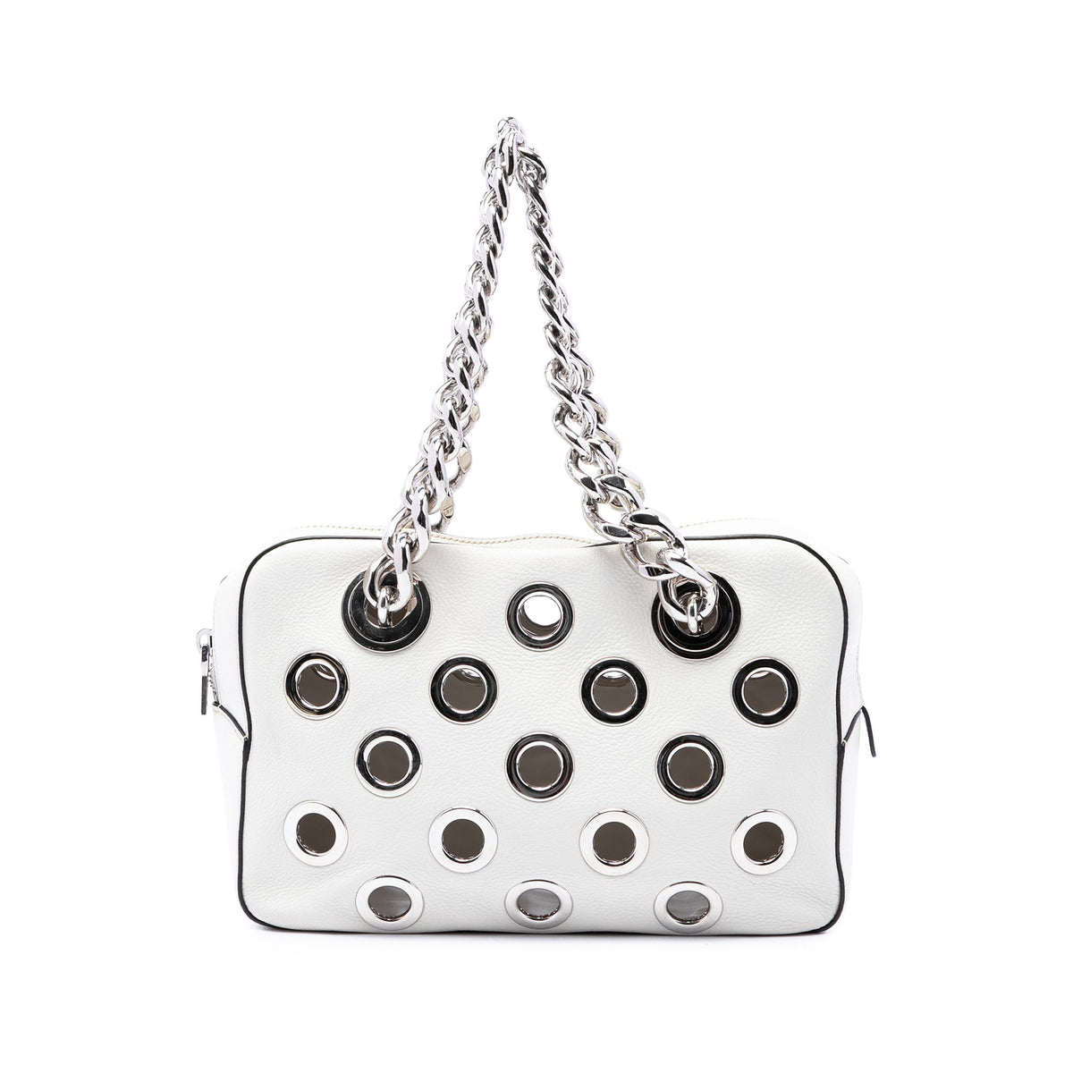 Prada Vitello Daino Grommet Chain Shoulder Bag — White