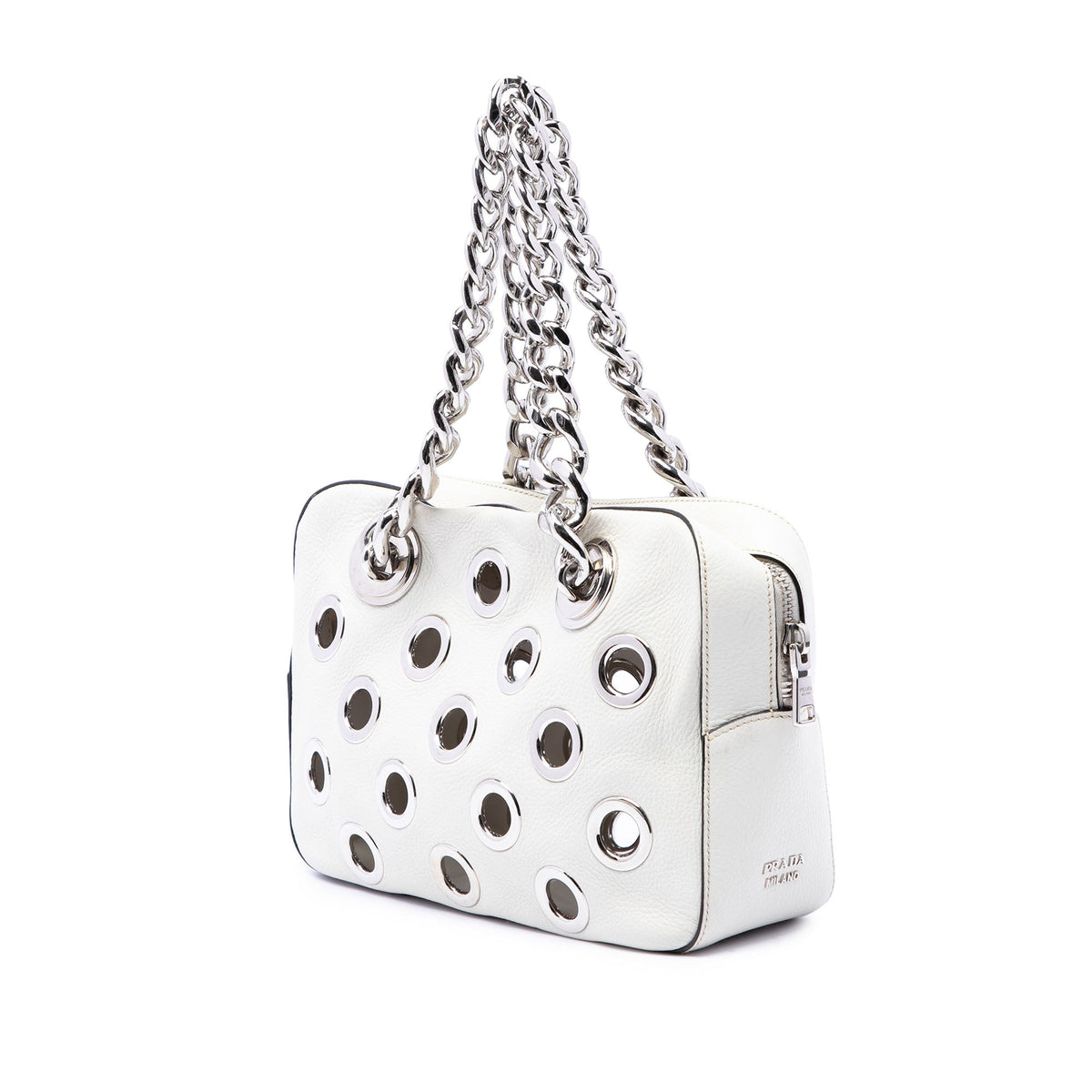 Prada Vitello Daino Grommet Chain Shoulder Bag — White