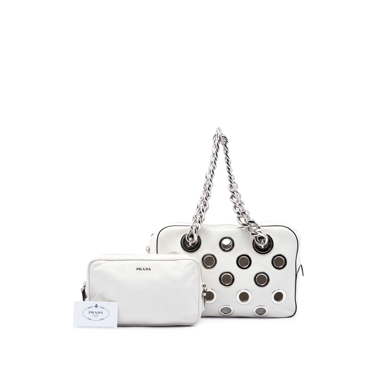 Prada Vitello Daino Grommet Chain Shoulder Bag — White