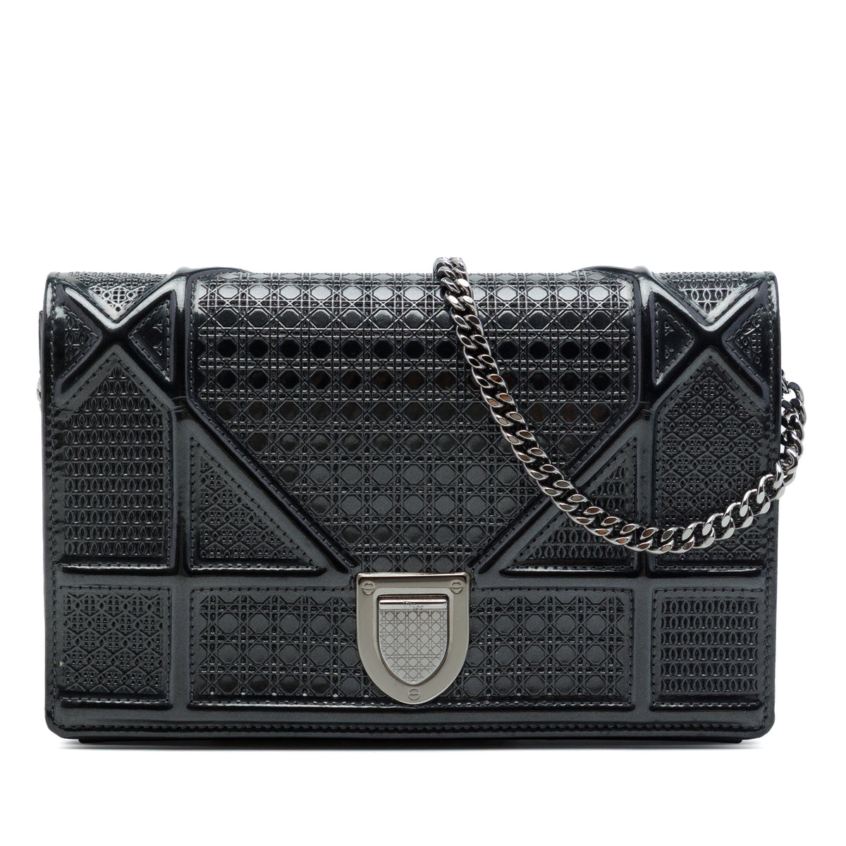 Dior Metallic Patent Microcannage Diorama Wallet on Chain