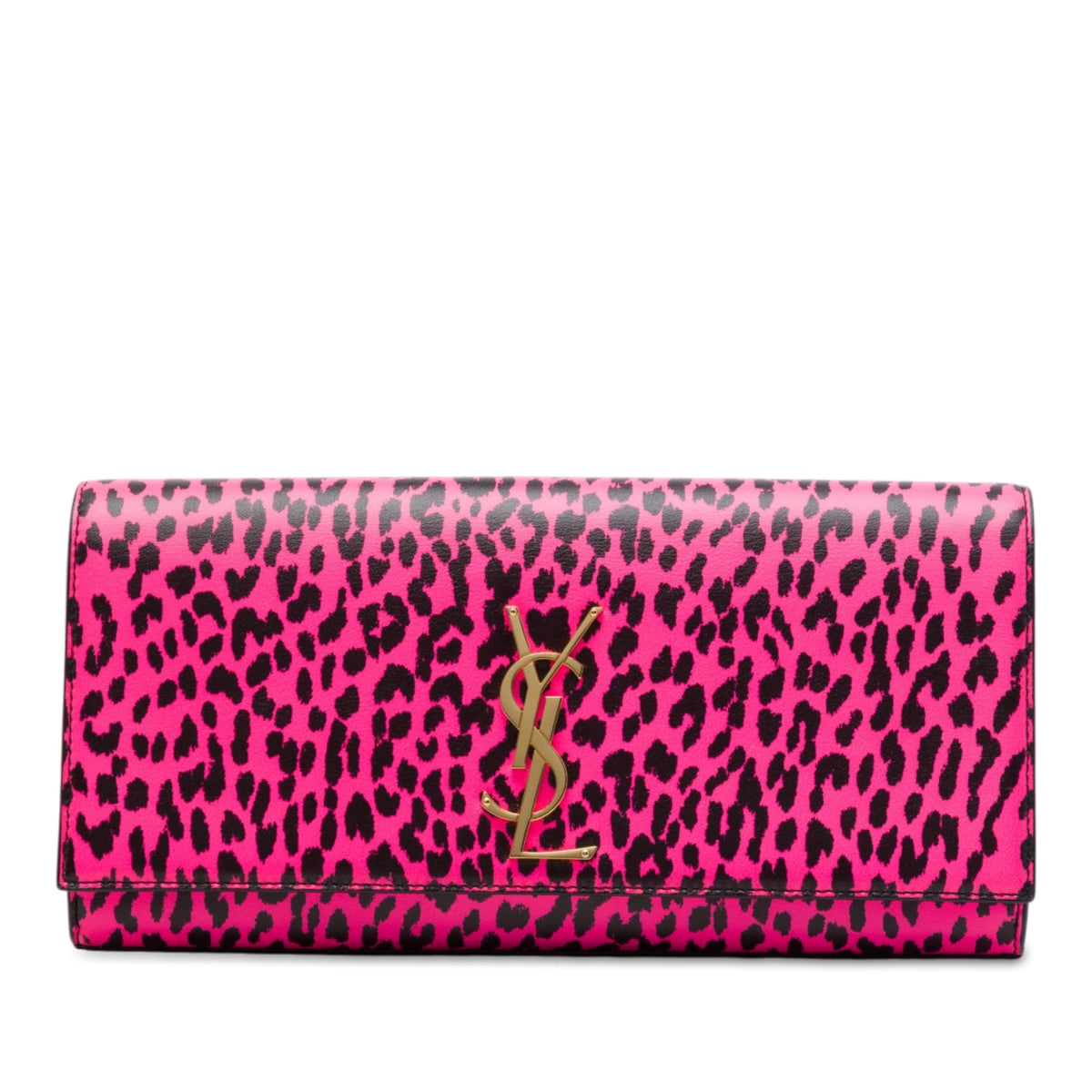 Saint Laurent Leather Leopard Print Monogram Cassandre Clutch — Pink