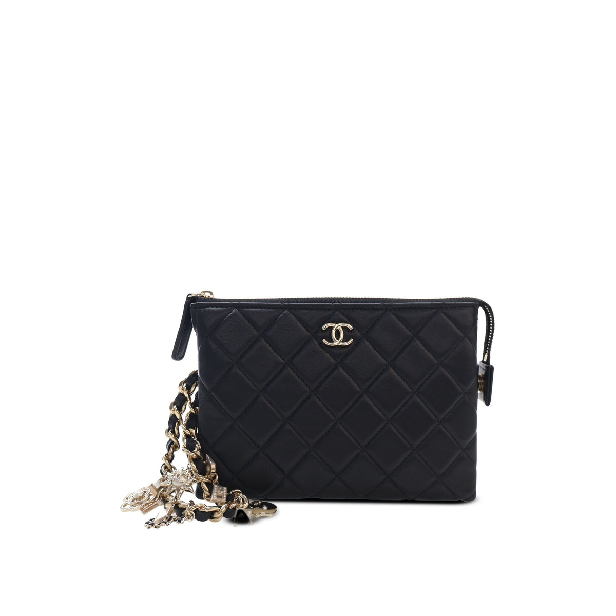 Chanel CC Quilted Lambskin Coco Charms Chain Wristlet Pouch — Black