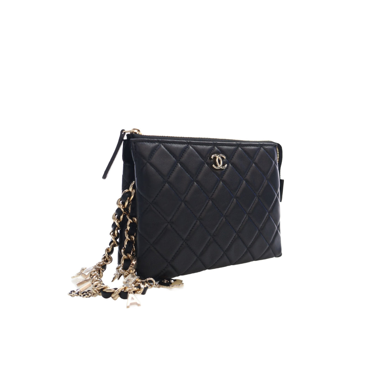 Chanel CC Quilted Lambskin Coco Charms Chain Wristlet Pouch — Black