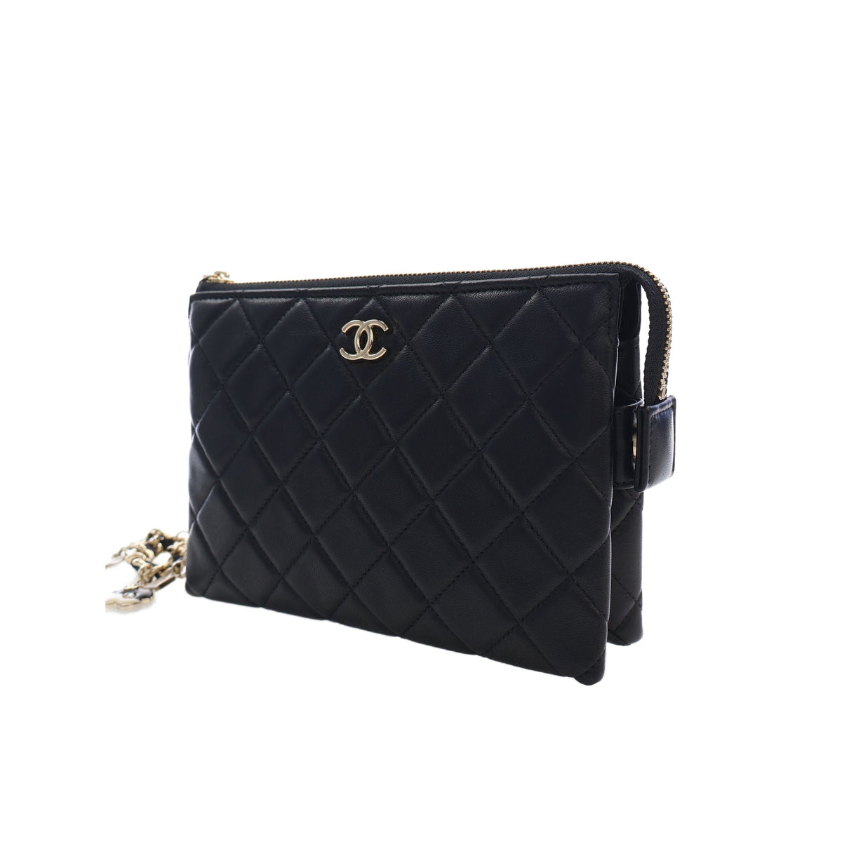Chanel CC Quilted Lambskin Coco Charms Chain Wristlet Pouch — Black