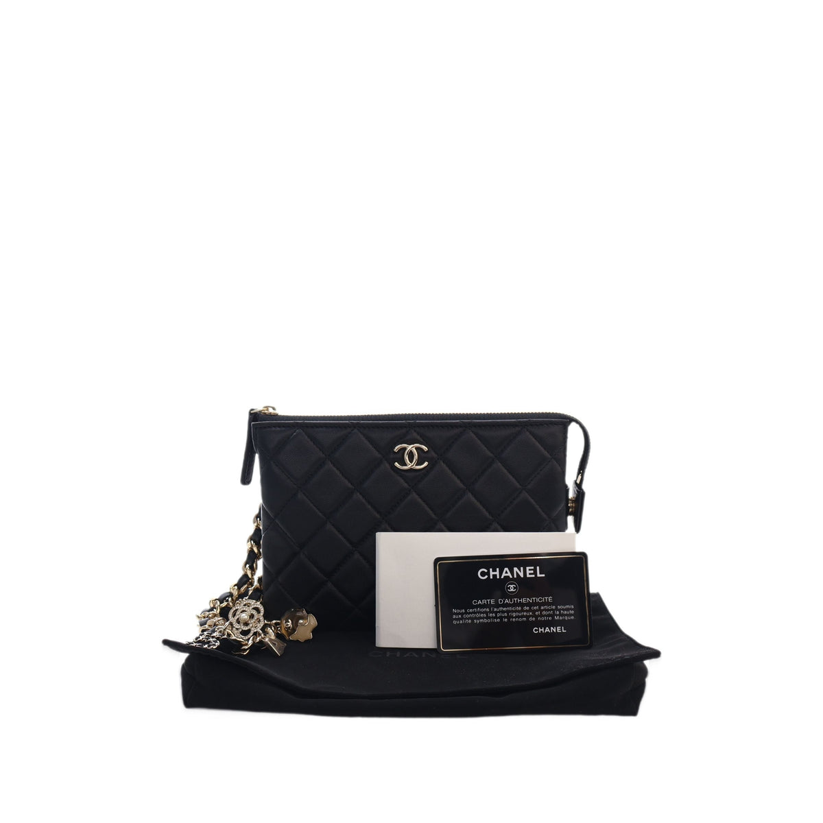 Chanel CC Quilted Lambskin Coco Charms Chain Wristlet Pouch — Black