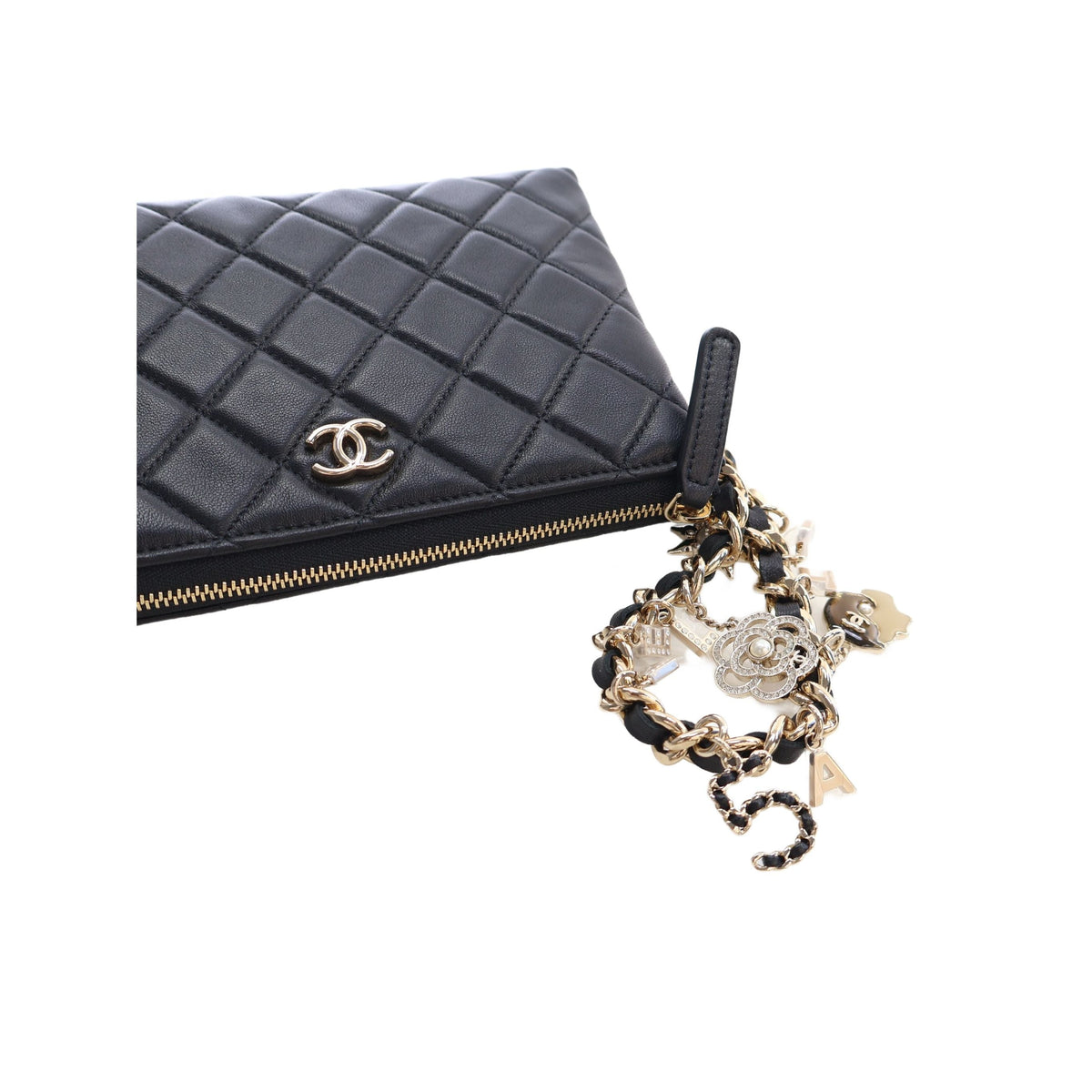 Chanel CC Quilted Lambskin Coco Charms Chain Wristlet Pouch — Black